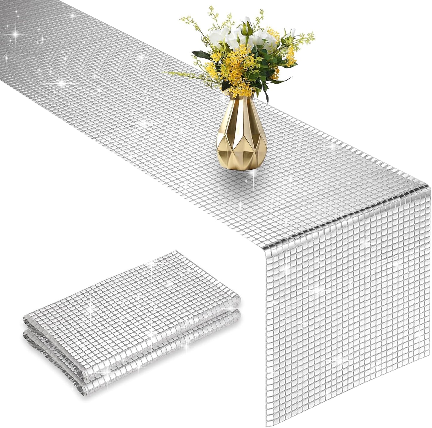 2 Packs 12x108 Inch Disco Table Runner Silver Glitter Foil for Bachelorette & Theme Party Disco Ball Decorations
