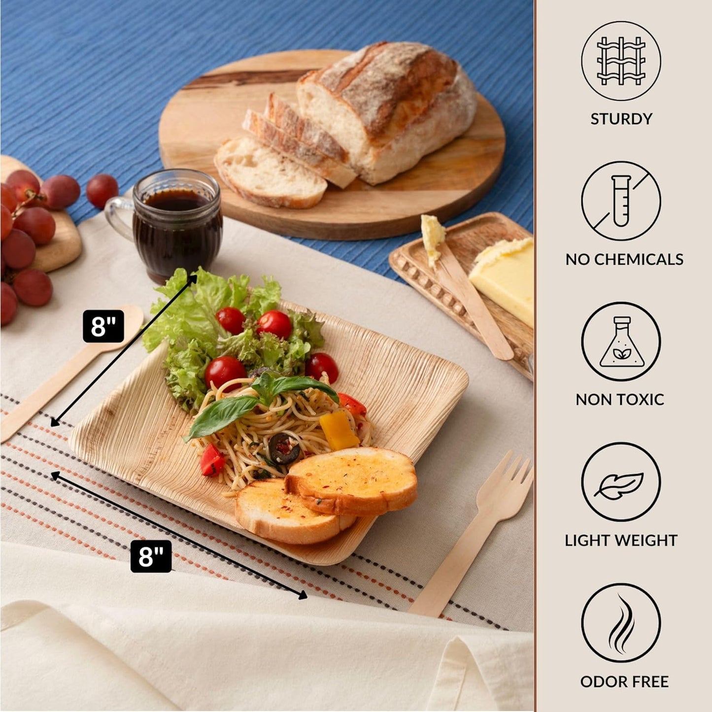 Luxe Designs Palm Leaf Plate - Eco-Friendly Disposable Dinnerware - Heavy-Duty Compostable & Biodegradable - Microwave & Oven Safe - 8" Set of 50