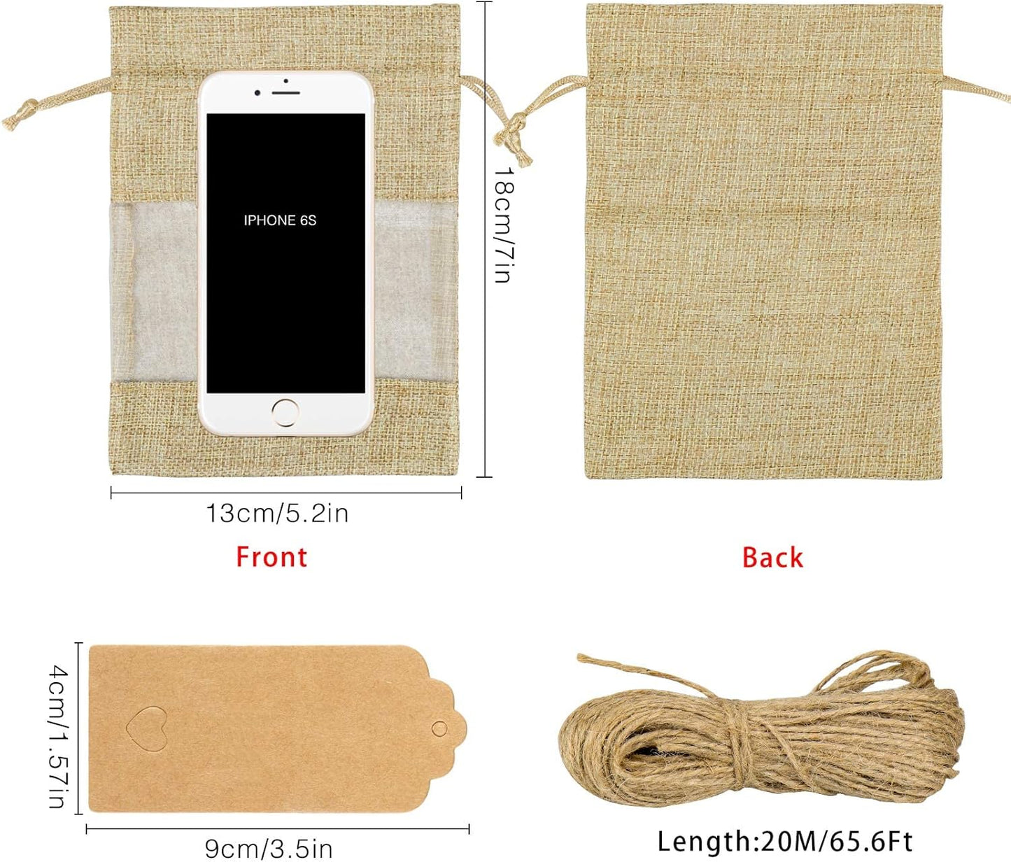 GIOIPC 50Pcs 4 x 6 Inch Linen Burlap Sheer Bags with Drawstring and Bonus Gift Tags for Wedding Birthday Bag,Craft Bags,Cosmetic Samples