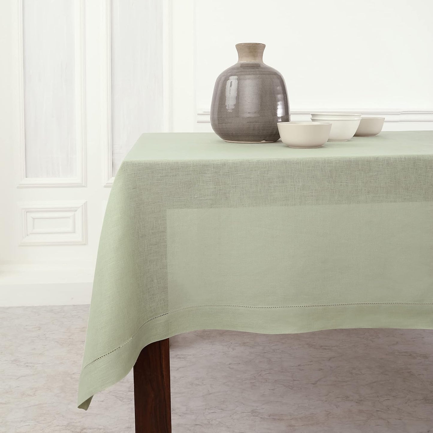 Solino Home Sage Green Linen Tablecloth 52 x 52 Inch - 100% Pure Linen Square Table Throw - Classic Hemstitch, Machine Washable Table Cloth for Fall, Autumn, Thanksgiving, Christmas