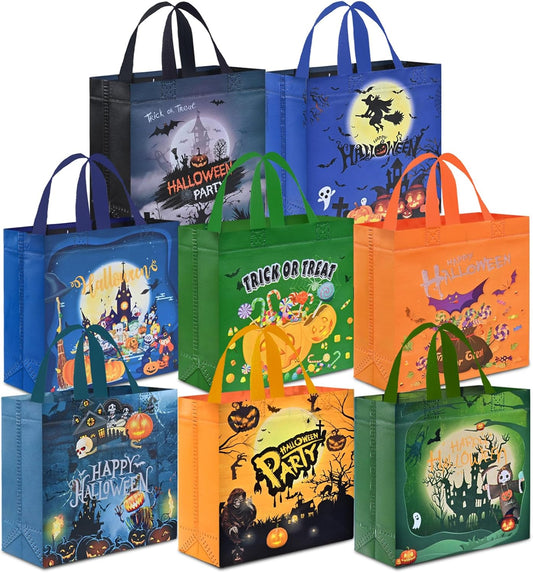 AhfuLife 8 Pcs Halloween Trick or Treat Bags, Candy Tote Bags with Handles, Reusable Non-Woven Gift Bag for Halloween Party Supplies Favors (7.8×7.8×3.1’’)