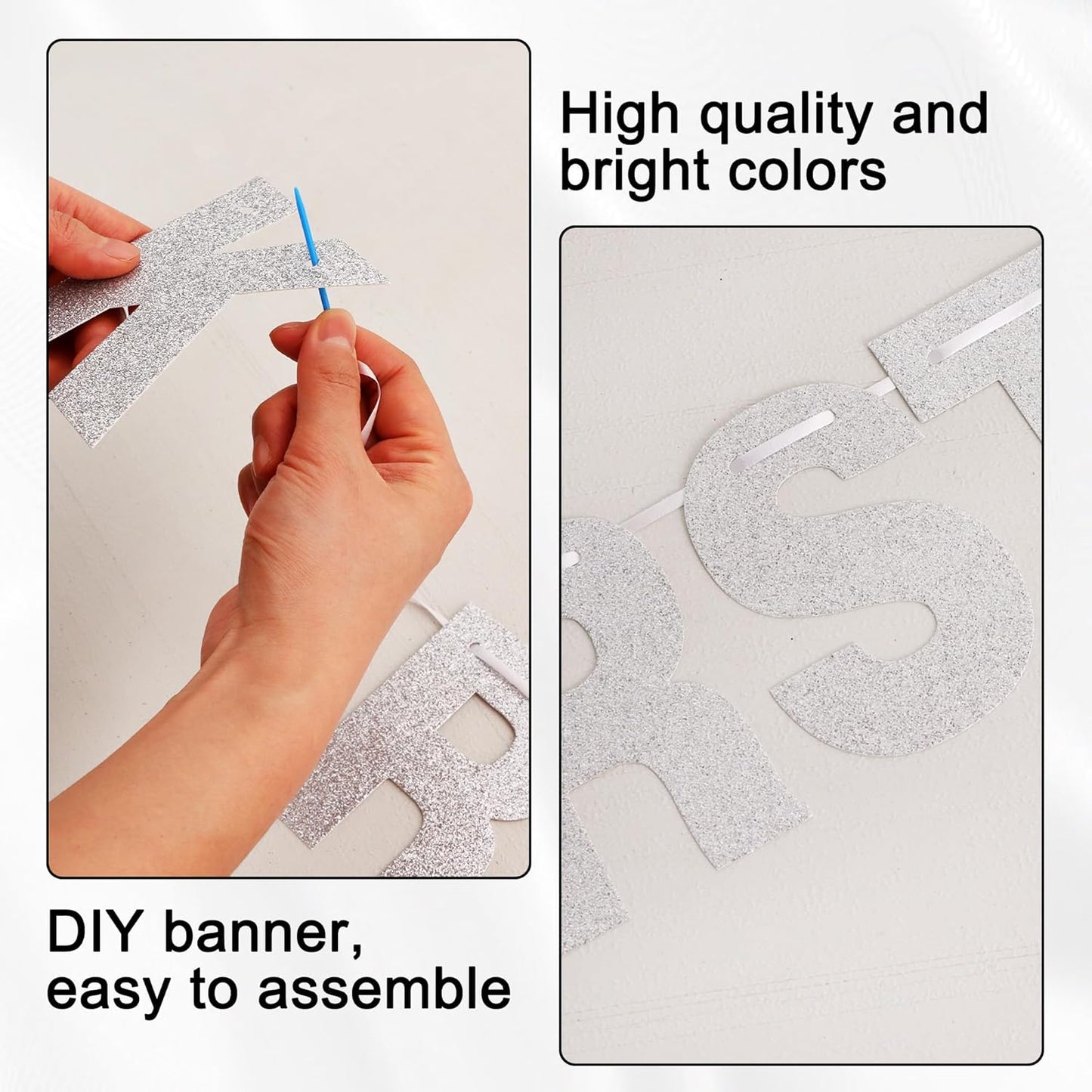 BEISHIDA 116 PCS A-Z Glitter Silver DIY Letter Banner Kit Make Your Own Banner，Including 111 Letters and Numbers 3 Rope and 2 Threading Device,Customized for Birthday Graduation Wedding Party Decor