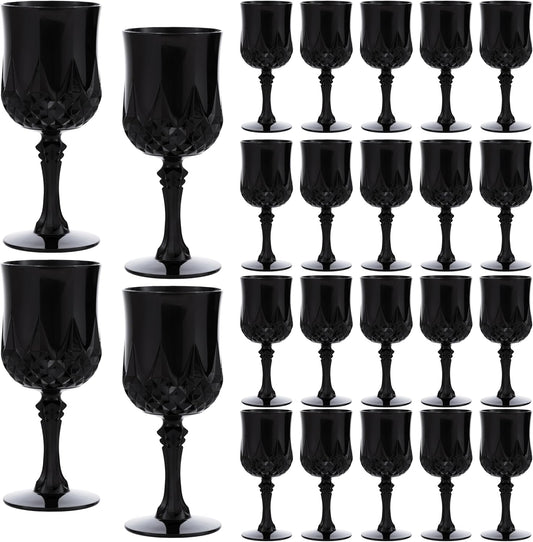JLYLOL Plastic Vintage Wine Glasses 7OZ Plastic Goblets Vintage Drinking Glasses 24PCS Retro Wedding Glassware Water Goblets Reusable Drinking Cups for Party,Reception,Celebration,Bar,Whiskey(Black)