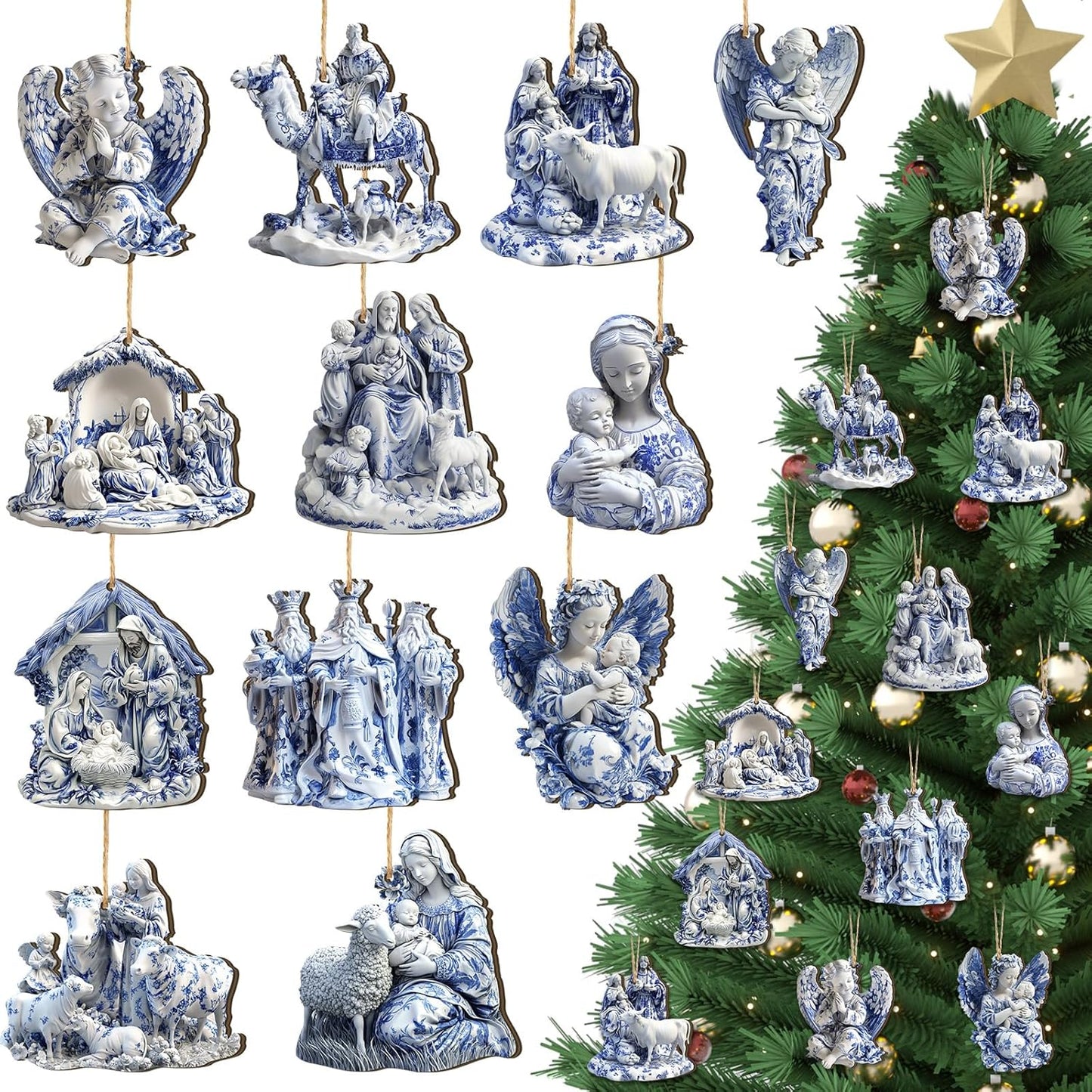 Suzile 36 Pcs Christmas Wooden Ornaments Nativity Scene Tree Decorations Vintage Blue and White Chinoiserie Christian Religion Hanging Decorations for Tree Wreaths Xmas Hanging Wood Cutouts for Home