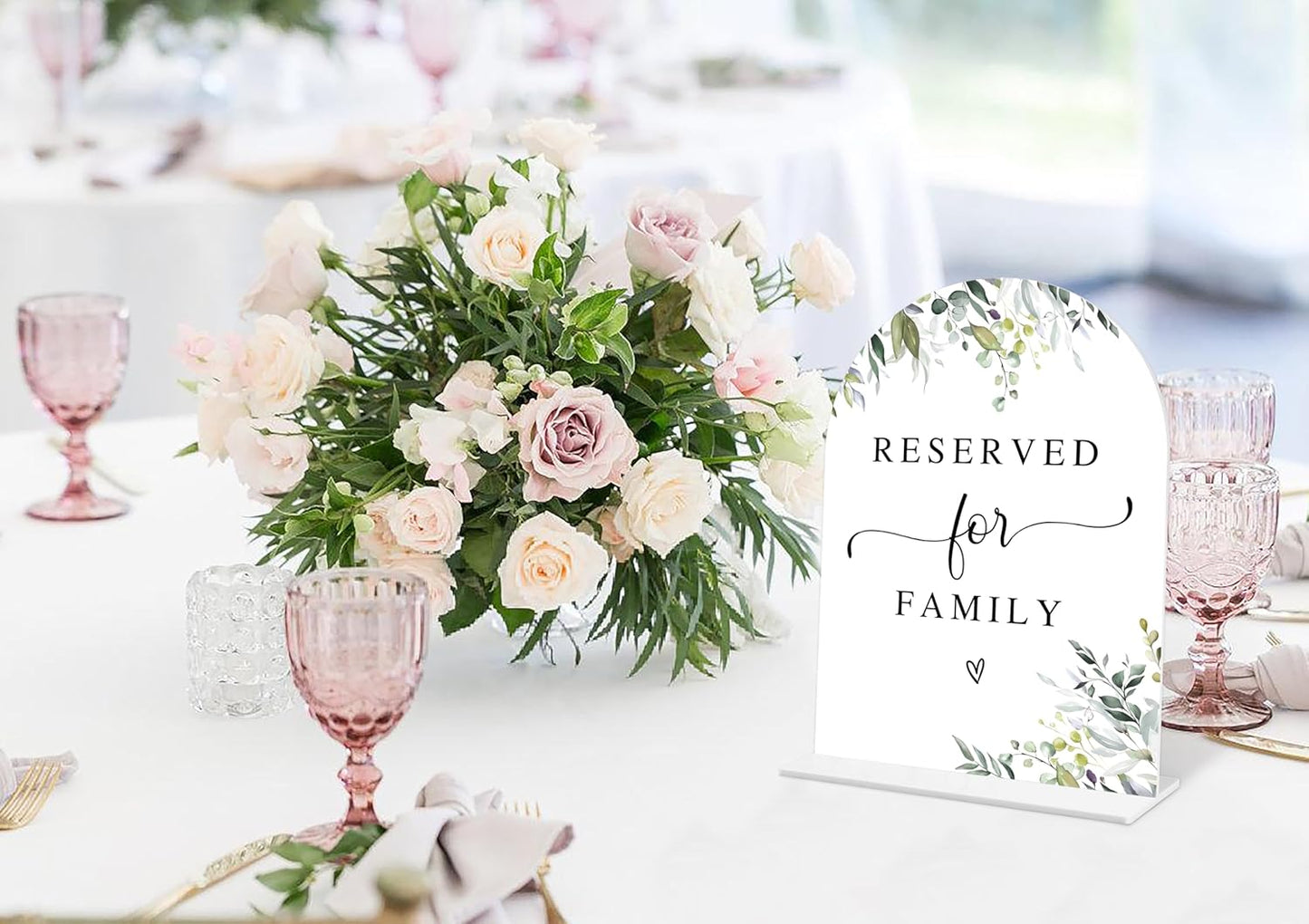 Greenery Reserved for Family Sign, 6 x 8 Inch White Arch Acrylic Wedding Sign with Holder, Wedding Sign for Ceremony and Reception, Wedding Decoration, Wedding Supplies - LY19