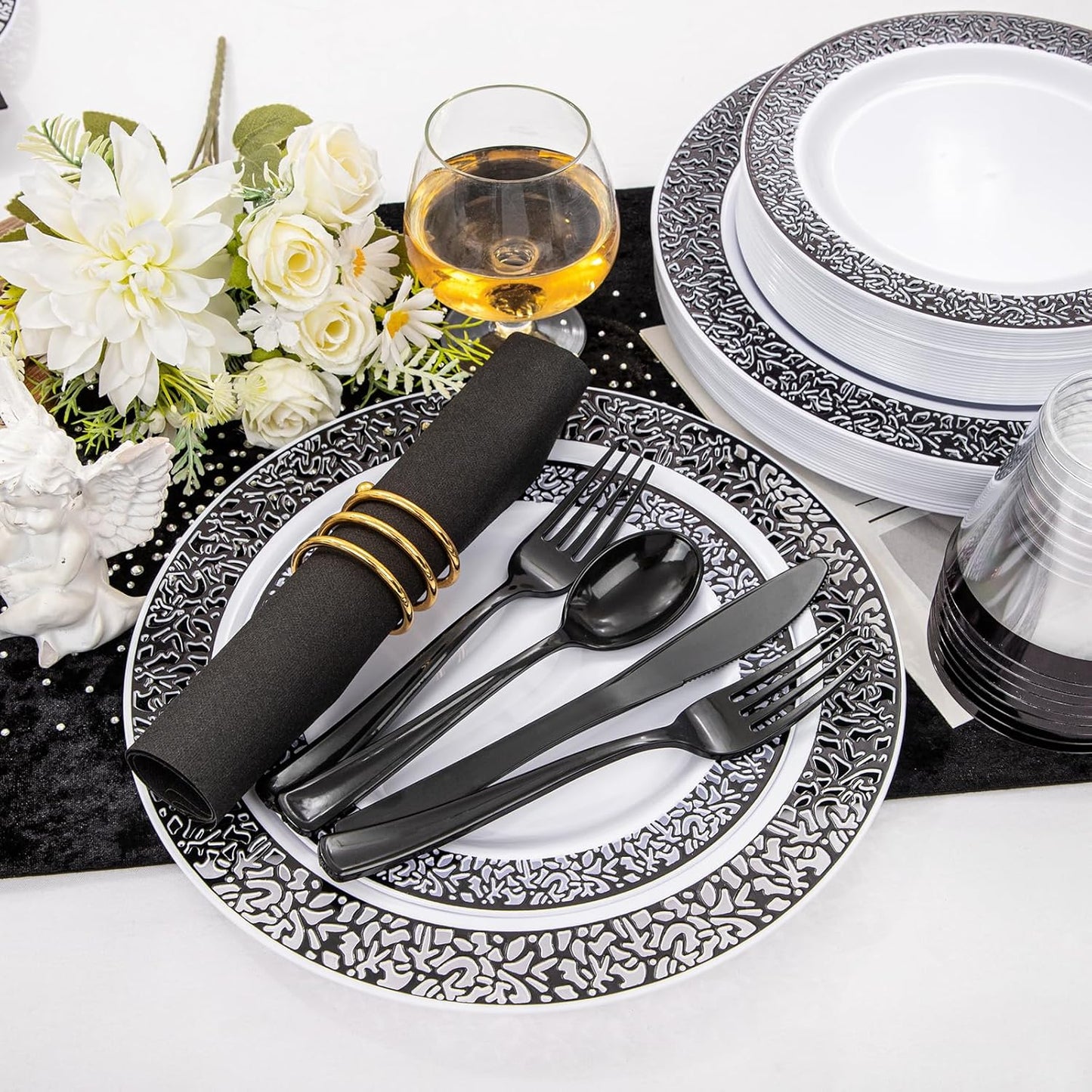 WELLIFE 350Pcs Black Plastic Dinnerware and Napkins Party Supplies Include:50 Dinner Plates, 50 Dessert Plates, 50 Napkins, 50 Cups and 50 Plastic Cutlery