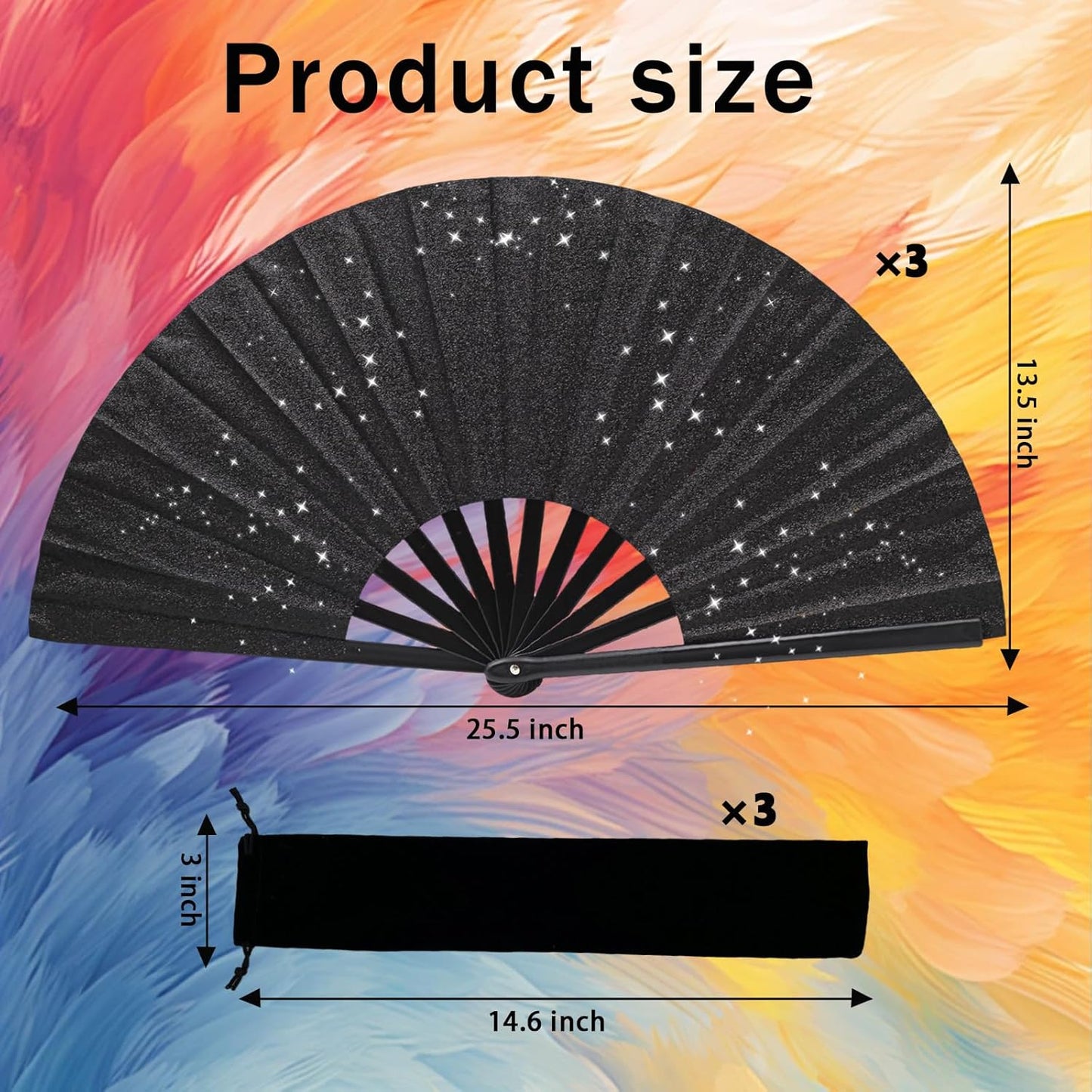Glitter bling Large Folding Fan-Hand Fan Rave Clack Popping Fan for Line Dancing Clacking Fans for Boots On The Ground Dance, Party for EDM, Music Festival, Hot Flashes, Party, Decoration(3pcs black)