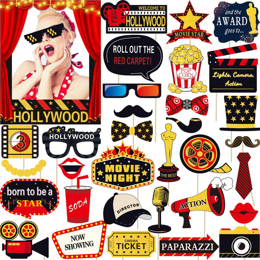 34pcs Hollywood Themed Movie Night Party Photo Booth Props, Hollywood Selfie Frame with Party Photo Props, Red Carpet Cutouts Cards Table Toppers Theme Decor Movie Night Party Supplies