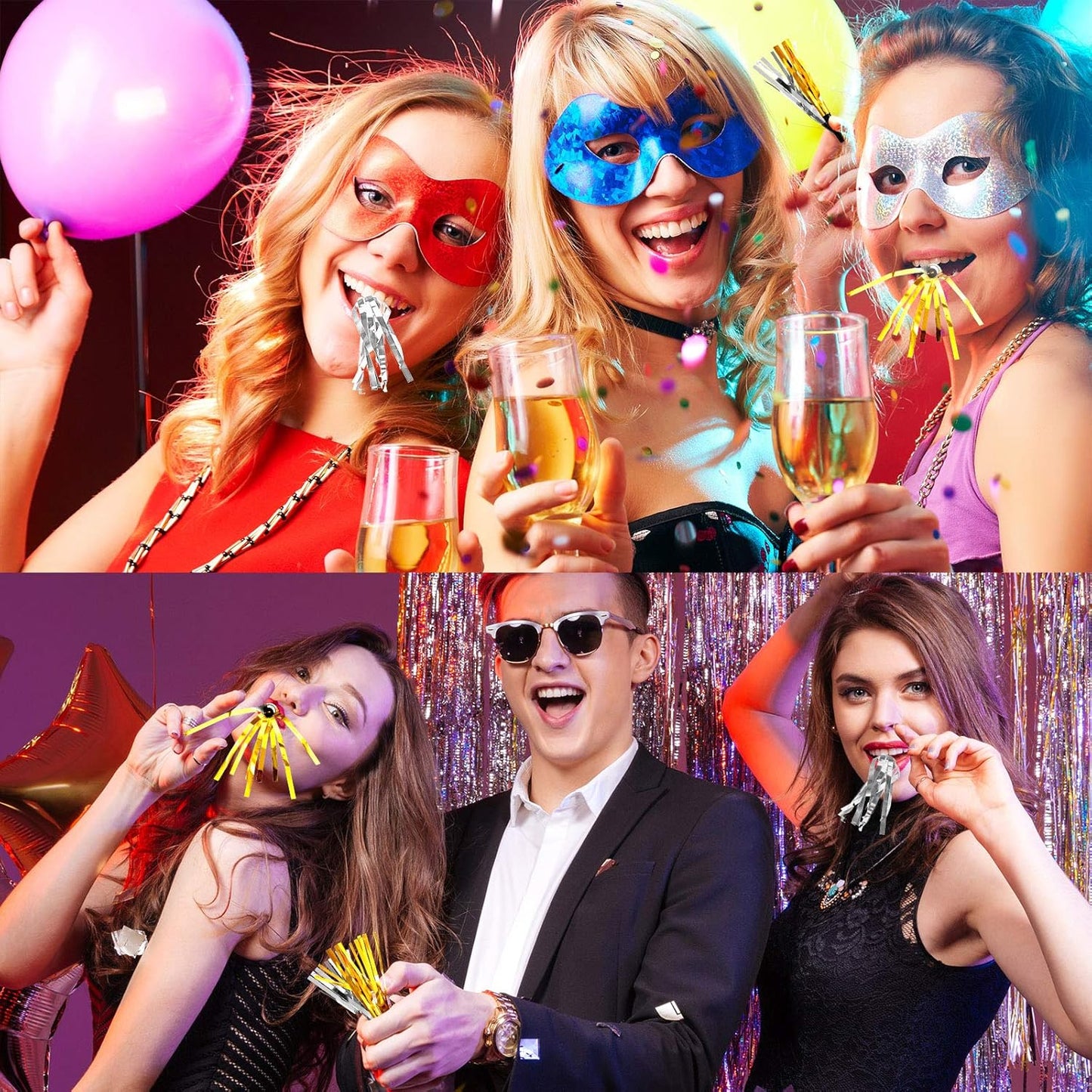 200 Pcs Party Blowers Noise Makers Party Horns Blowout Clappers Noisemakers for Halloween Christmas Birthday Sporting Party New Year's Eve Party Supplies 2025(Black Gold, Black Silver)