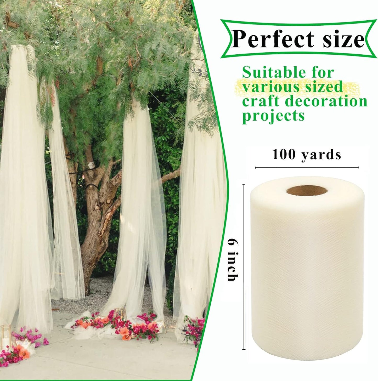 Ivory Tulle Fabric Rolls 6 Inch by 100 Yards (300 feet) Fabric Spool Tulle Ribbon for DIY Ivory Tutu Bow Baby Shower Birthday Party Wedding Decorations Christmas Craft Supplies