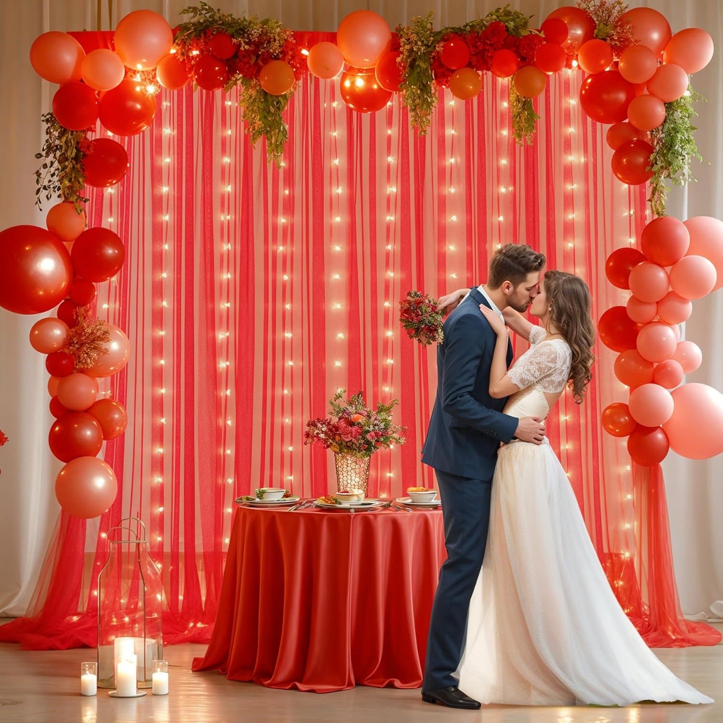 Red Tulle Backdrop Curtain with Lights String for Parites 10x10ft Wrinkle Free Sheer Backdrop Curtains for Birthday Party Bridal Shower Baby Shower Christmas Wall Photo Booth Background Decorations
