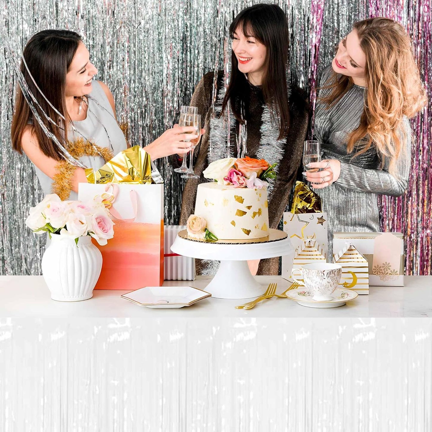 3 Pack 29 x108 Inch Macaron White Foil Fringe Table Skirts Metallic Banner for Tinsel Streamer Garland Backdrop for Parade Floats Mother's Day, Graduate, Birthday, Wedding Party Decoration