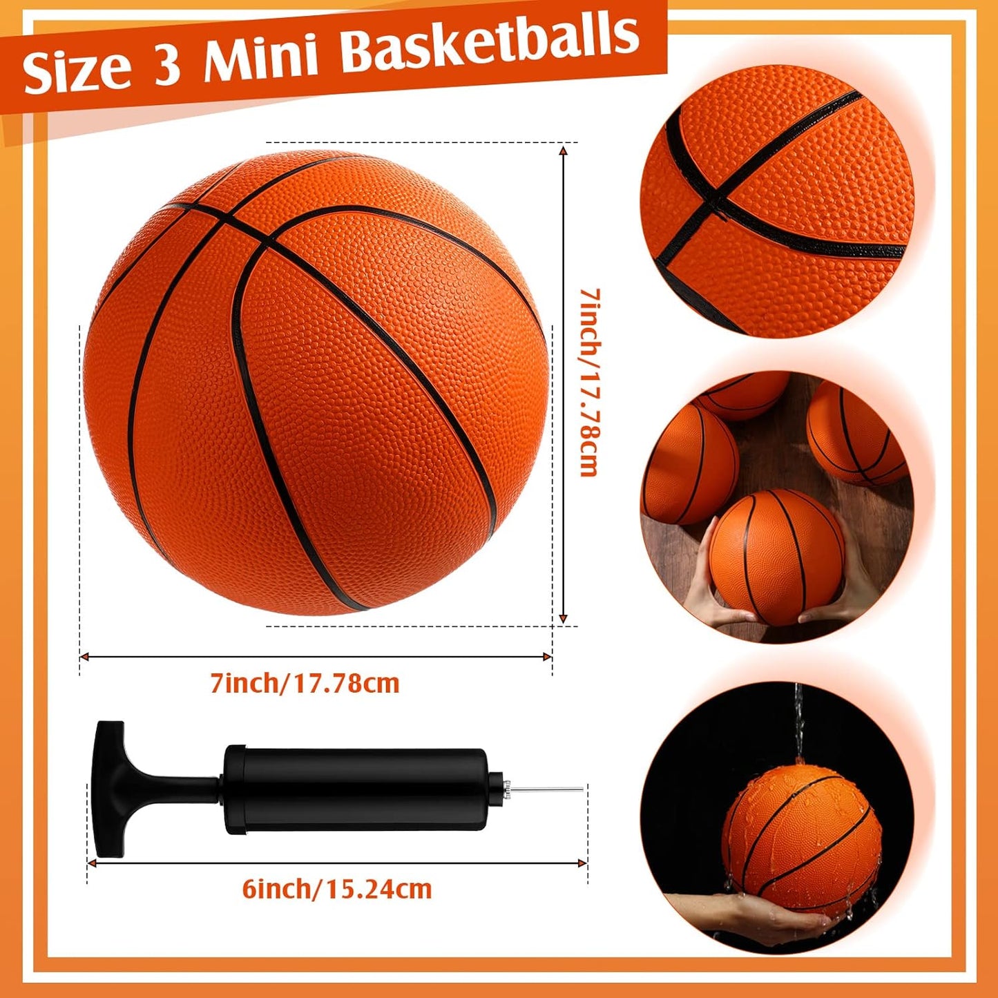 12 Pcs Mini Rubber Basketballs with Air Pump Set 7 Inch Mini Hoop Basketball Small Junior Size 3 Balls for Beginner Arcade Games Indoor Outdoor Pool Favors