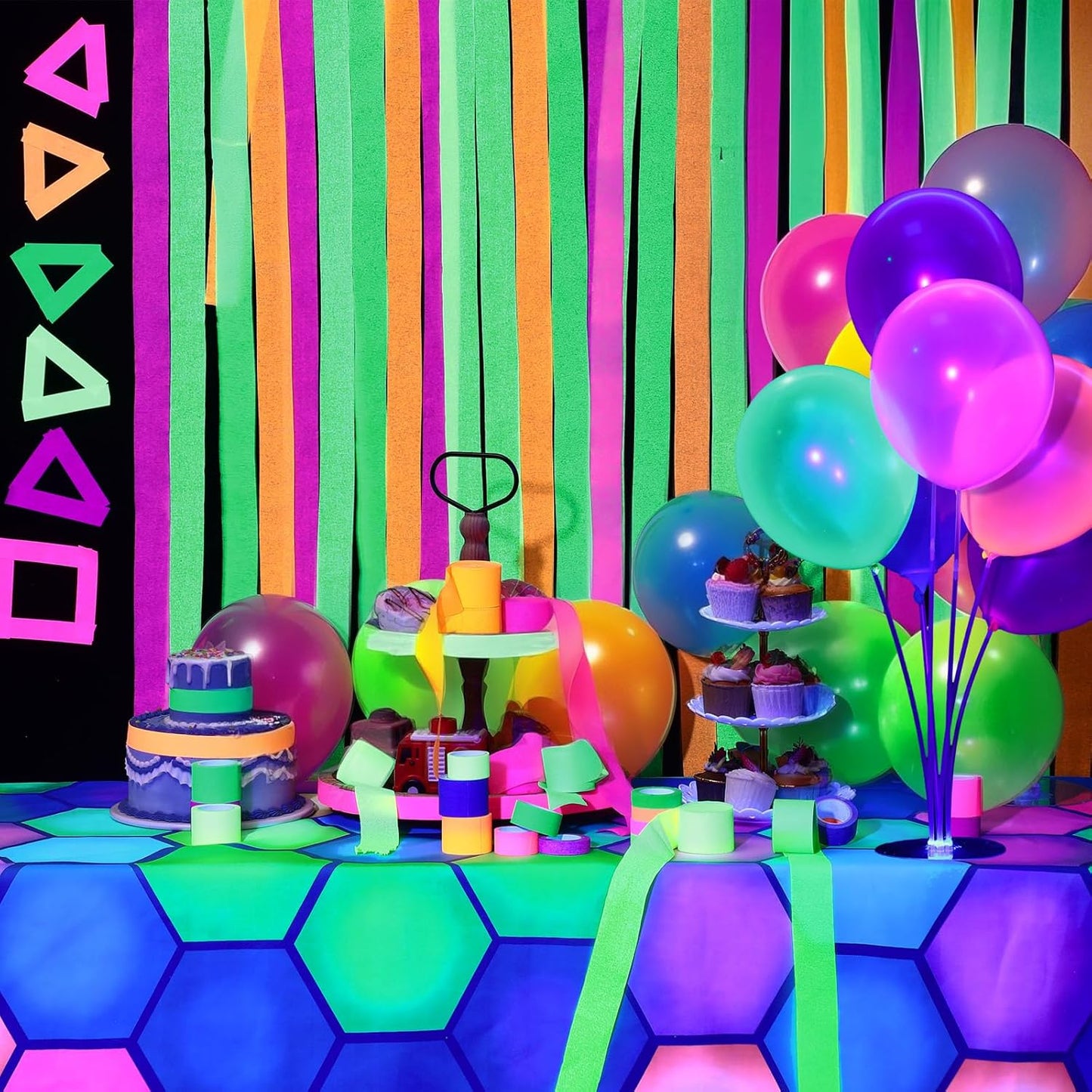 Haull 118 x 39 Inch Neon Light up Dance Floor Glow in The Dark Runner UV Reactive Blacklight Floor Aisle Runner Decor Wall Props for 80s 90s Neon Birthday Party Decorations(Hexagon)