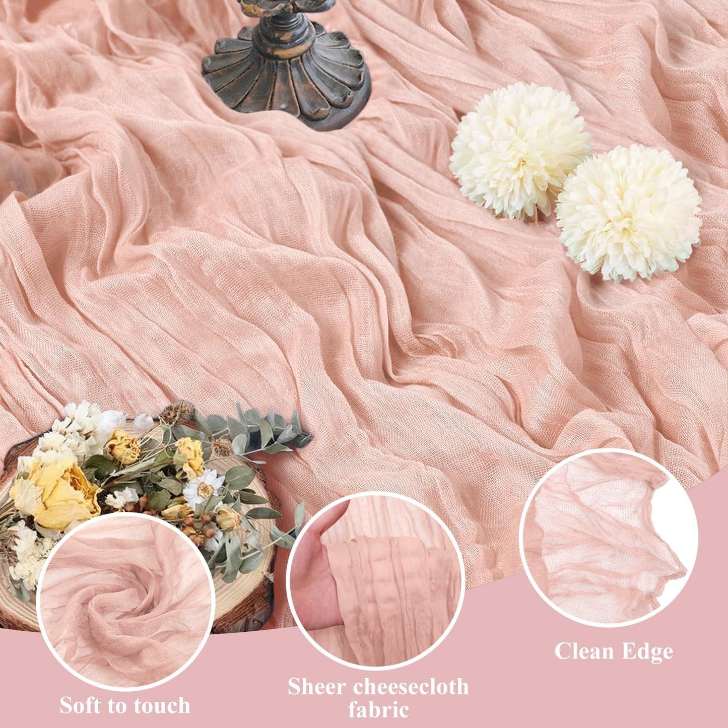 Asee'm 3pcs Cheesecloth Table Runner 120 Inches Dusty Pink Boho Gauze Cheese Cloth Runner 10FT Rustic Sheer Fall Table Runners for Thanksgiving Wedding Baby Shower Holiday Party Decoration
