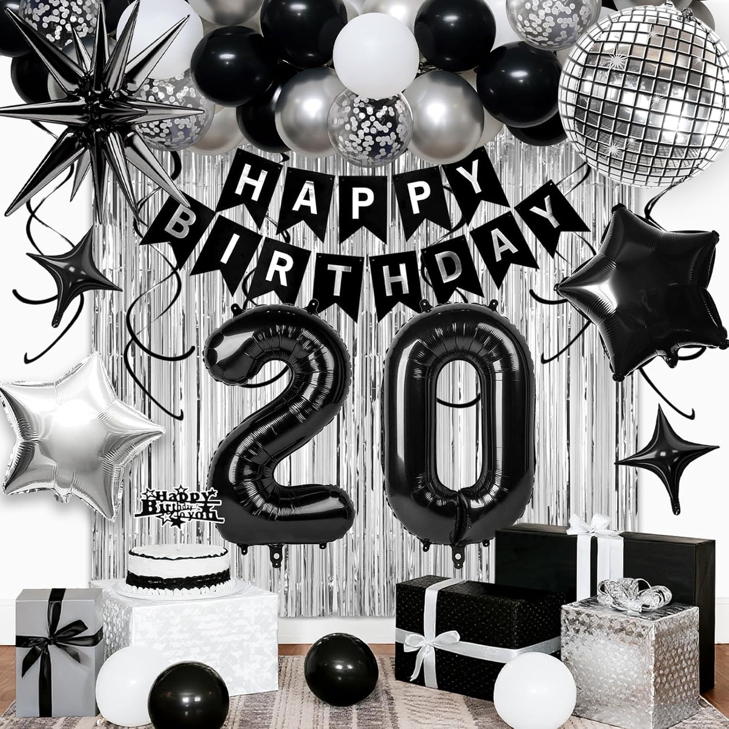 20th Birthday Decorations for Men Women, Black Silver Happy Birthday Party Decorations， 20 Year Old Party Supplies with Number 20 Balloons, Banner, Fringe Curtains Kit