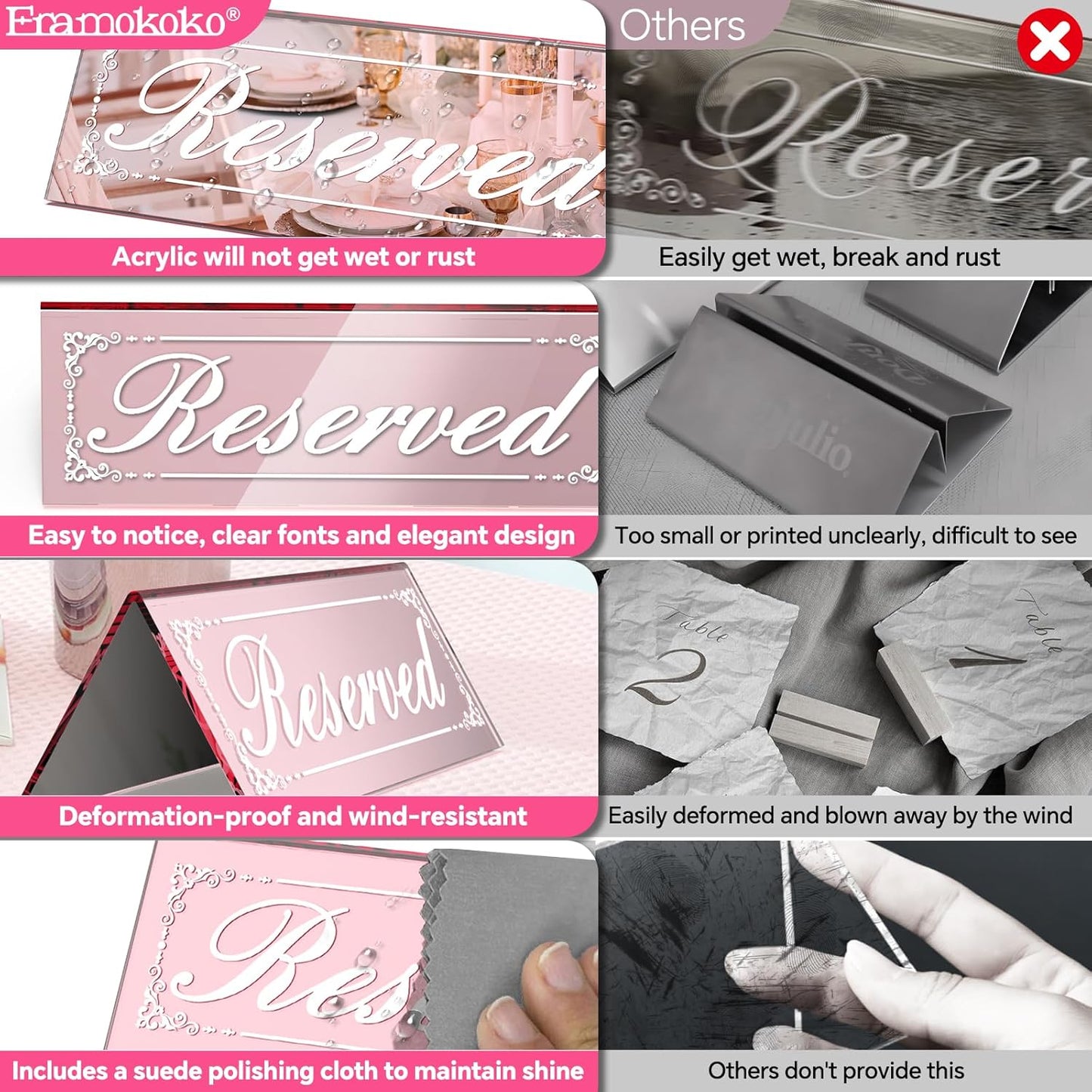12 Pcs Mirrored Rose Gold Reserved Table Signs, 6" x 2" Double-Sided Letters, Acrylic Reserved Table Tent Signs with Suede Cloth for Wedding Restaurant Ceremony Banquet Parties