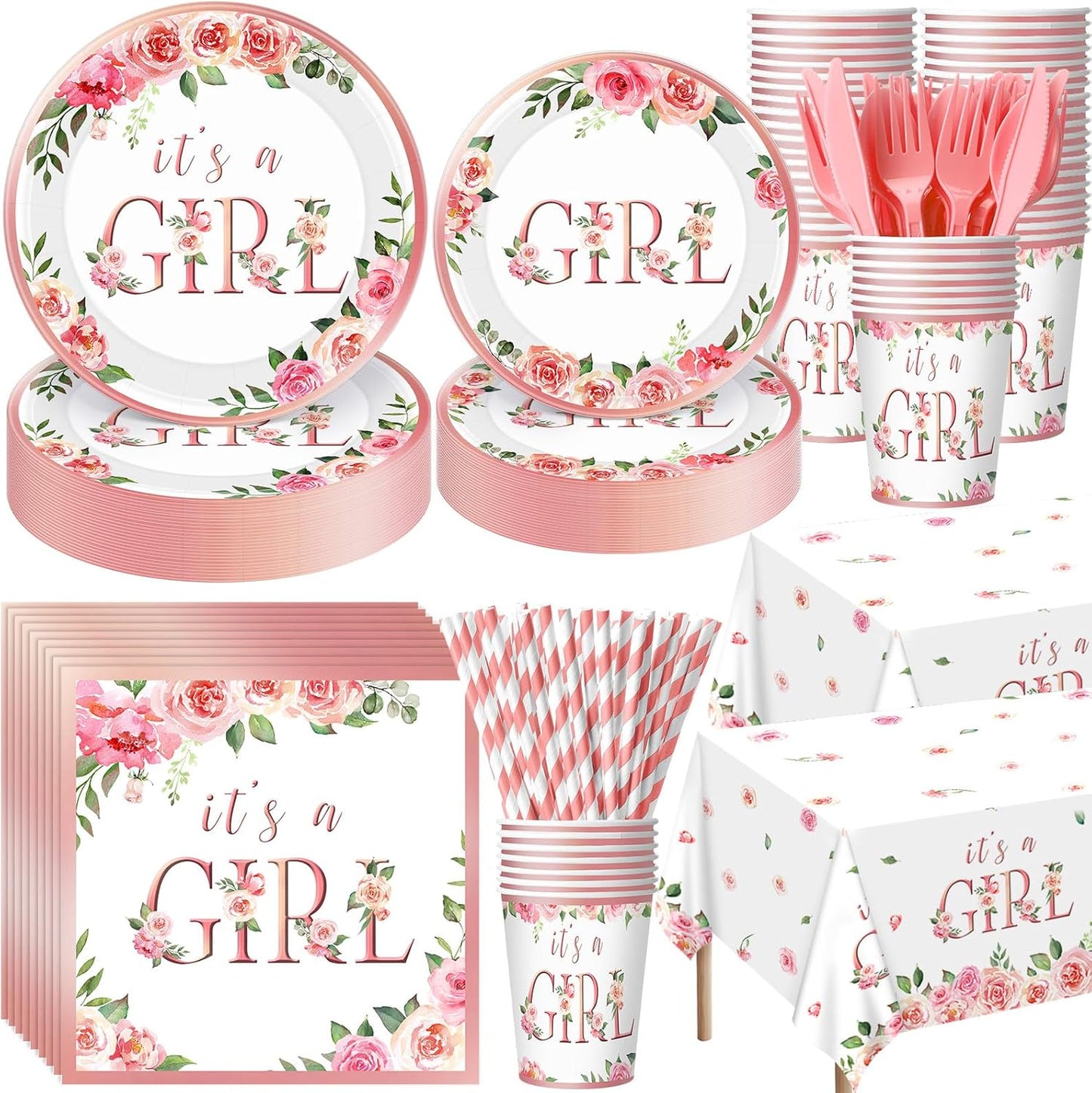 452 Pcs Pink Floral Baby Shower Party Supplies Include It's a Girl Baby Shower Paper Plates Cups Napkins Tablecloth Cutlery Straws for Pink Flower Girl Gender Reveal Birthday Party