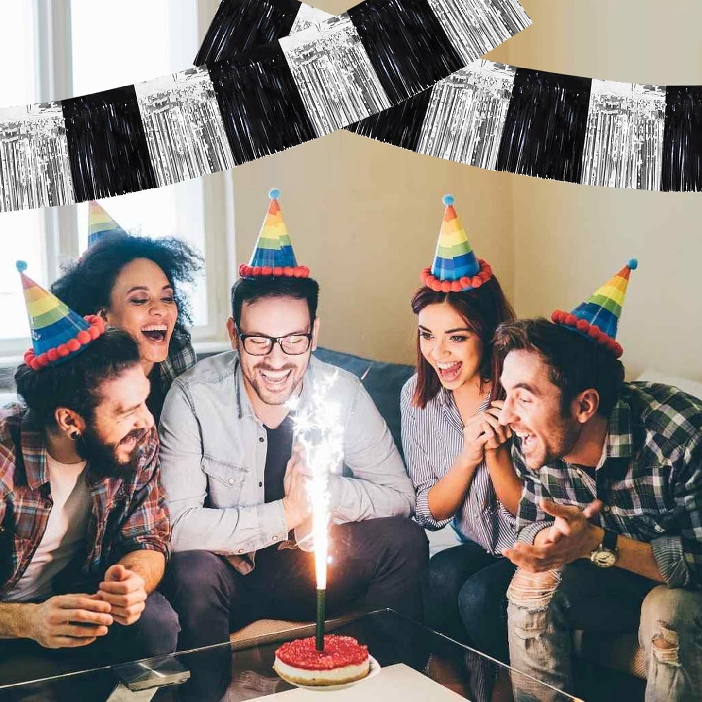 BEISHIDA 3 Packs Metallic Foil Fringe Garland Black Silver Wall Hanging Tinsel Fringe Banners for Car Floats Bridal Shower Wedding Birthday Easter Graduation Holiday Party Decoration(30 Feet)