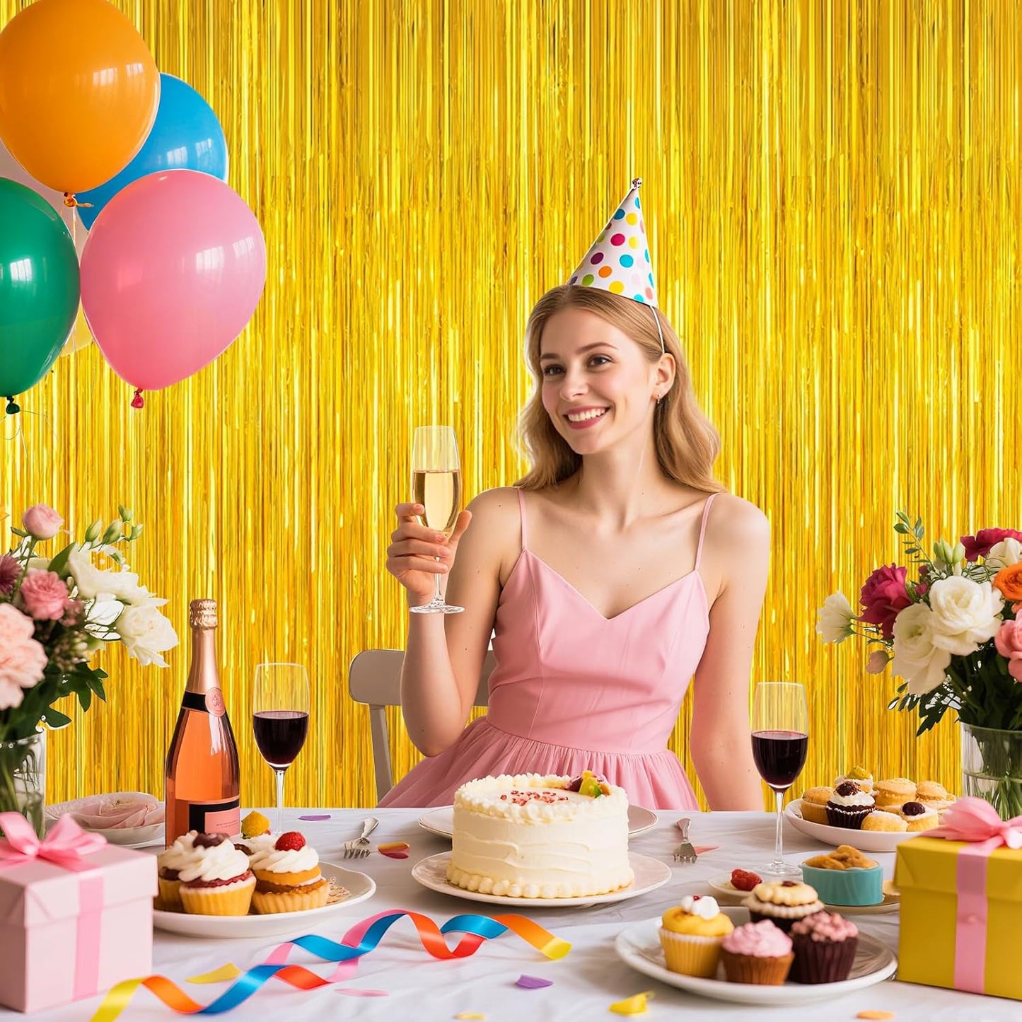 Gold Tinsel Backdrop Birthday Decorations, 2Pack Foil Curtain Backdrop Gold Streamers Dance Party Decorations Photo Booth Props for Bachelorette Decors Christmas Halloween New Years Eve Party Supplies