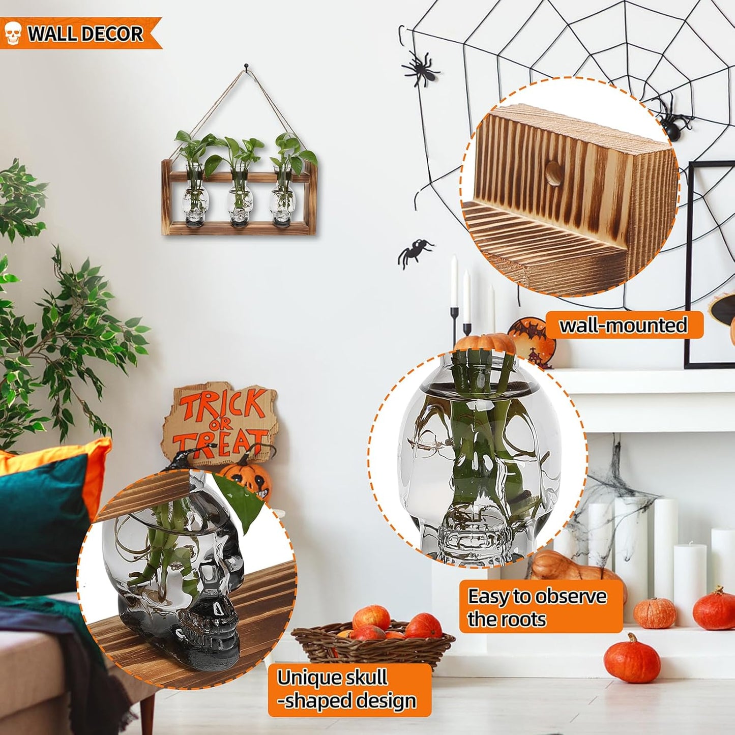 Plant Terrarium Propagation Stations Hydroponics Halloween Skull Planter Vase Skulls Decor with Wooden Stand Gife for Father