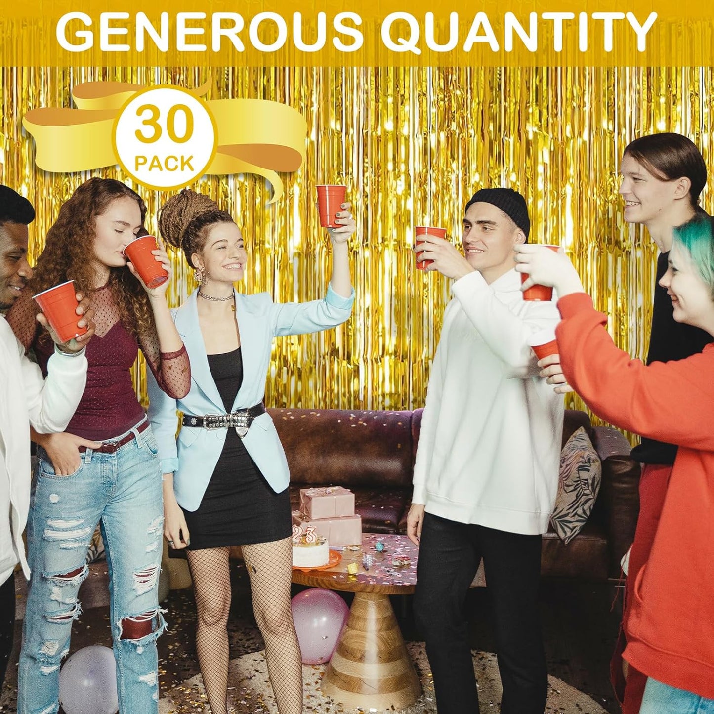 30 Pack Gold Foil Fringe Curtain Backdrop, 3.3x8.2 Feet Metallic Tinsel Streamer Curtains Photo Booth Props for Birthday/Wedding/Graduation/Baby Shower/Christmas/New Year/Disco Party Decorations