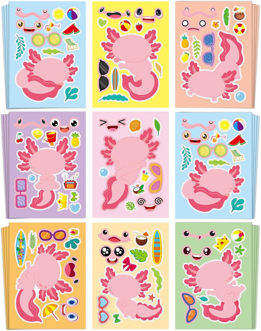 Aowplc 32 Sheets Axolotl Make-a-Face Stickers Mix 'n Match Crafts for Kids Axolotl Party Favors & Activities