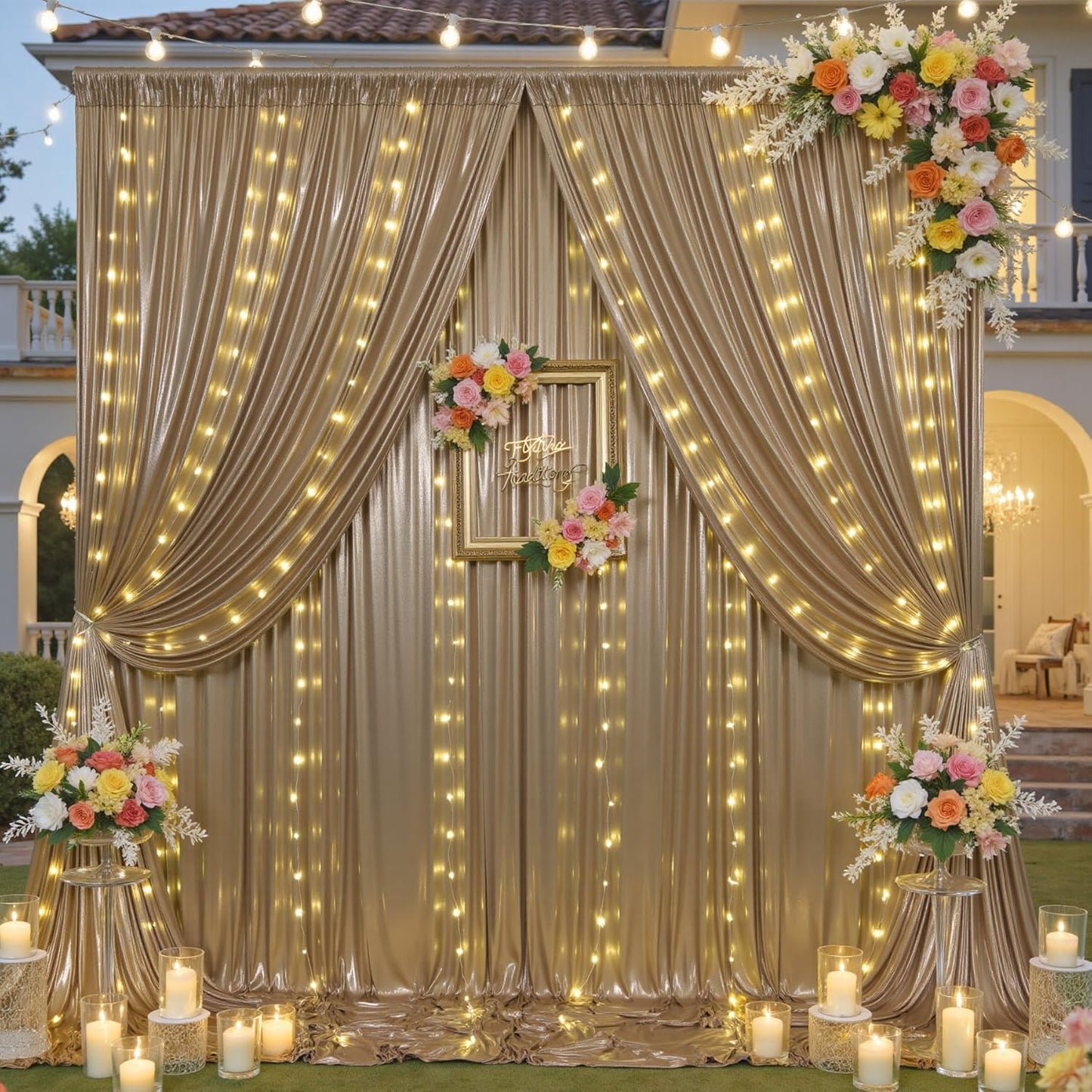 10x10 ft Champagne Sequin Backdrop Curtain with Lights for Parties, Wrinkle Free Glitter Photo Backdrop Drapes Shimmer Back Drop Cloth for Wedding Birthday Photography Background