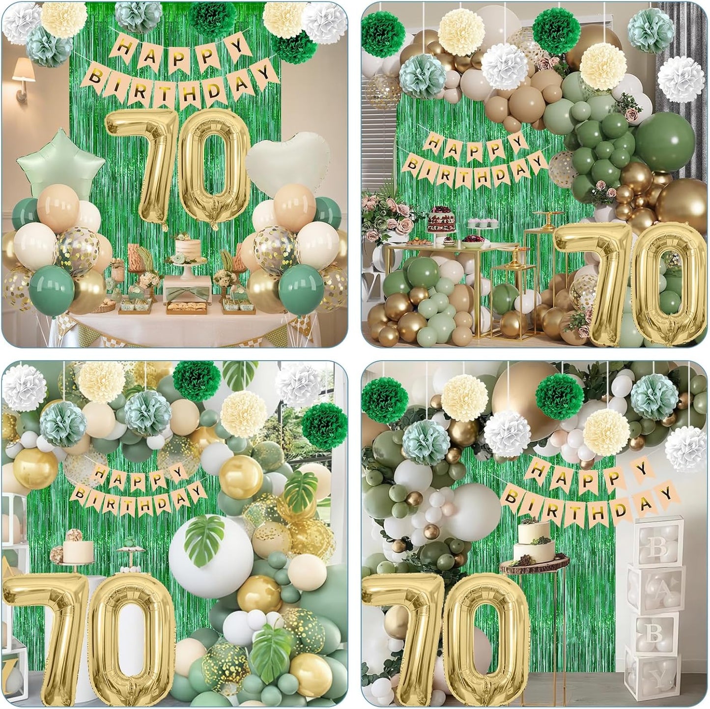 Sage Green 70th Birthday Decorations for Men Gold Number 70 Balloon Nude Gold Happy Birthday Banner Fringe Curtain Paper Pom Poms Olive Green Cream White Sand Star Foil Balloons Party Decor