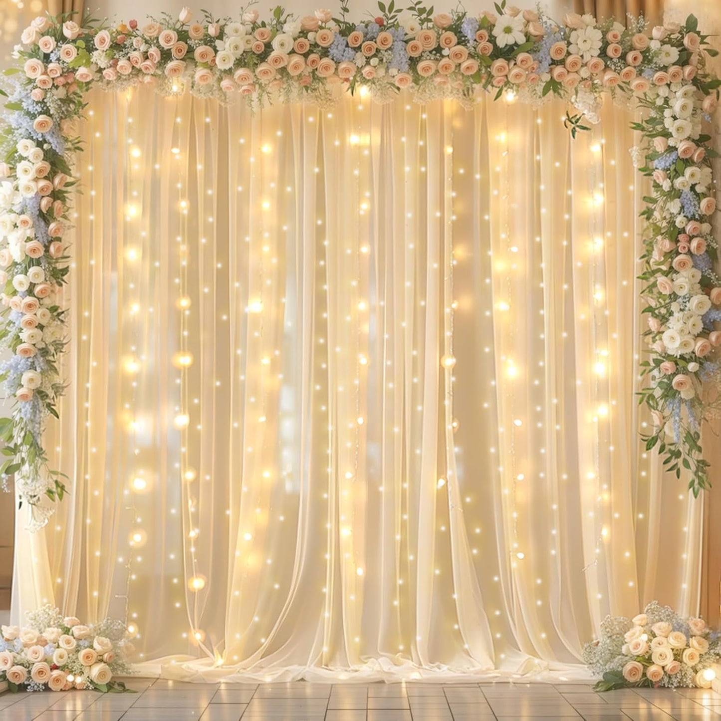 10x10ft Champagne Backdrop Curtain with Lights for Wedding Parties, Chiffon Curtains Backdrop with Lights for Baby Shower Bridal Shower Birthday Party Ceremony Reception