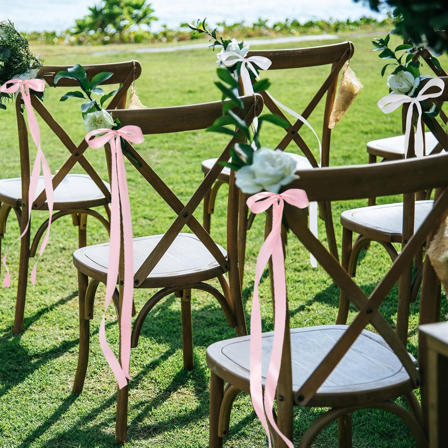 Big Bow with 24 Pcs Chair Ribbon Wedding Aisle Decorations, 78x18 inch Giant Bow for Backdrop Detachable Bow for Dress, Pew Bows Sashes for Chair Wedding Ceremony Outdoor Party (White)