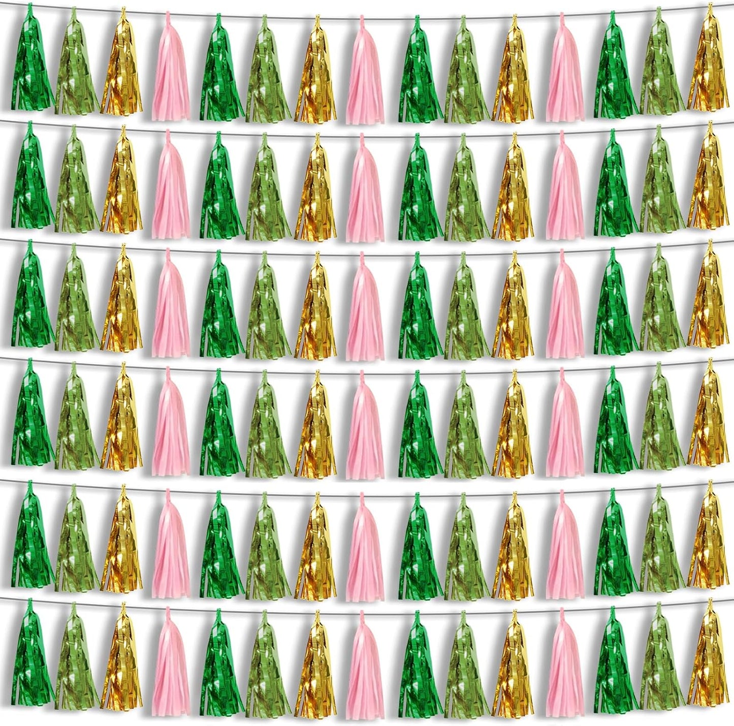 6P Sage-Green Pink-Gold Foil Fringe Metallic Tassel Garland, Tassels Banner Streamers for Parade Floats, Bachelorette, Wedding, Birthday, Graduation, Christmas, Bridal/Baby Shower Party Decorations