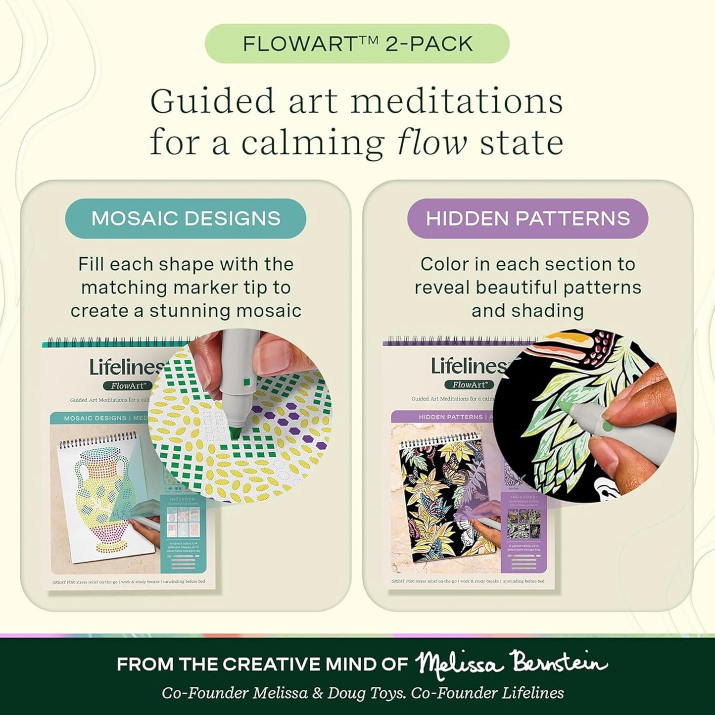 Lifelines FlowArt Activity Pad, 2-Pack - Guided Art Meditations with Markers - Mediterranean Mosaic Designs & Animal Hidden Patterns - Coloring Books for Teens, Adults & Seniors