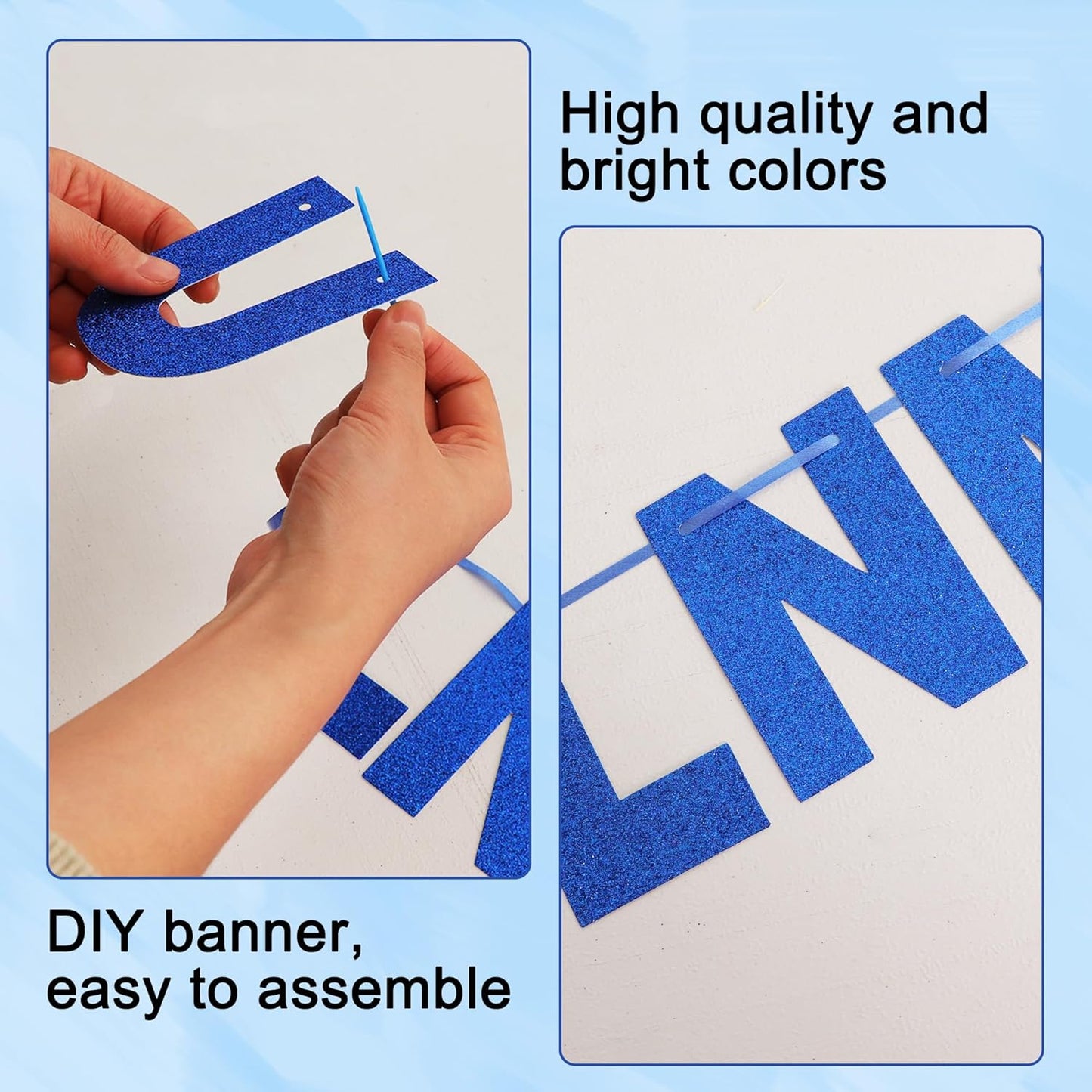BEISHIDA 116 PCS A-Z Glitter Blue DIY Letter Banner Kit Make Your Own Banner，Including 111 Letters and Numbers 3 Rope and 2 Threading Device,Customized for Birthday Graduation Wedding Party Decor