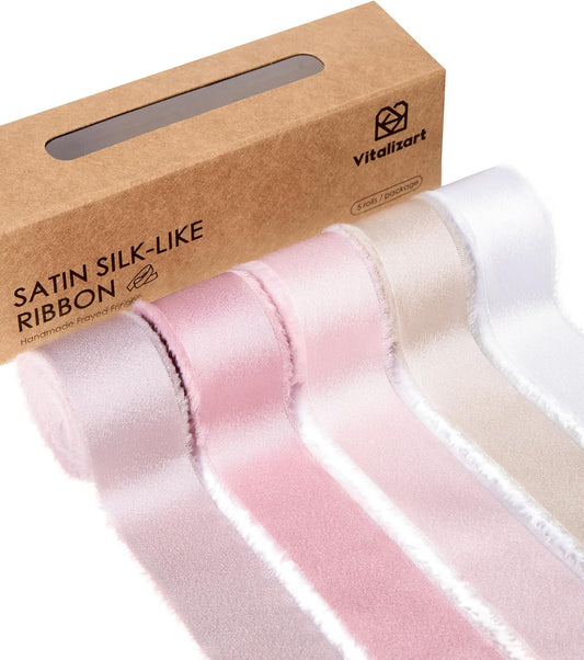 Vitalizart Silk Like Satin Ribbon 1 inch x 25 Yard Pink & Nude Handmade Frayed Ribbons for Gift Wrapping Baby Shower Wedding Bridal Bouquets Holiday Decor