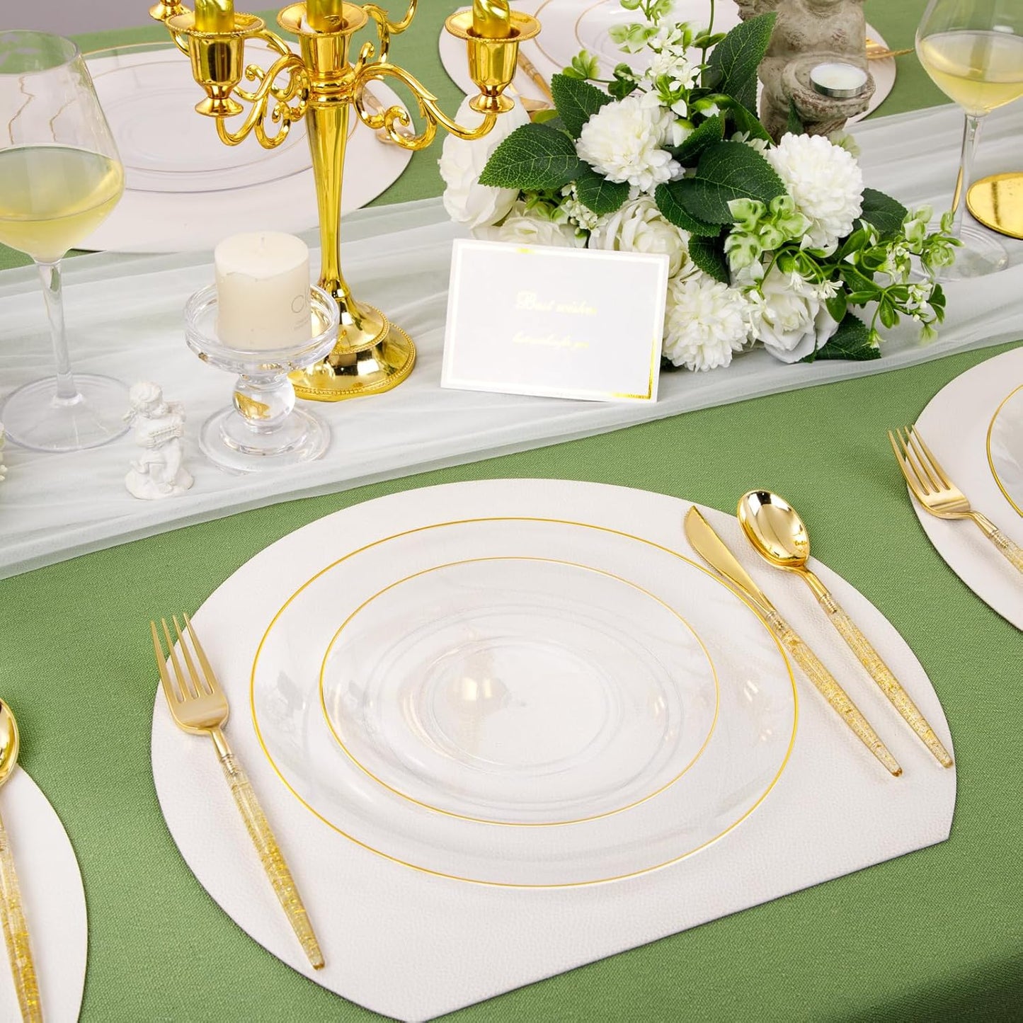 Liacere 150PCS Clear Gold Plastic Plates - Gold Plastic Silverware with Glitter Handle - Clear Disposable Plates Include 30 Guests Plates, Forks, Spoons, Knives for Wedding & Party&Chrismas