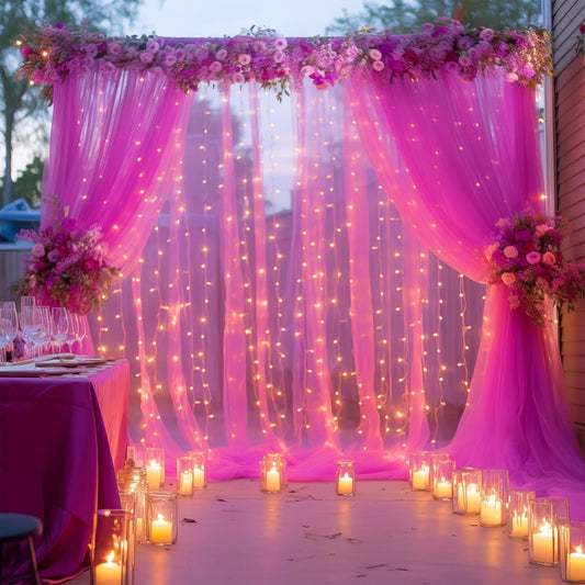 20×10ft Hot Pink Tulle Backdrop Curtain with Lights String for Parties, Sheer Photo Backdrop Curtains for Wedding Party Photography Background