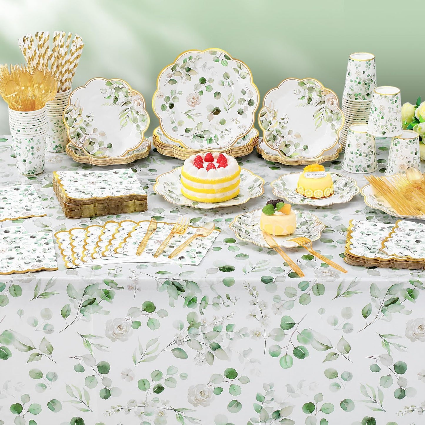 452 Pcs Sage Green Baby Shower Party Decorations for 50, Eucalyptus Leaves Paper Plates Napkins Cups Tablecloth Cutlery Straws for Bridal Baby Shower Birthday Woodland Party Supplies