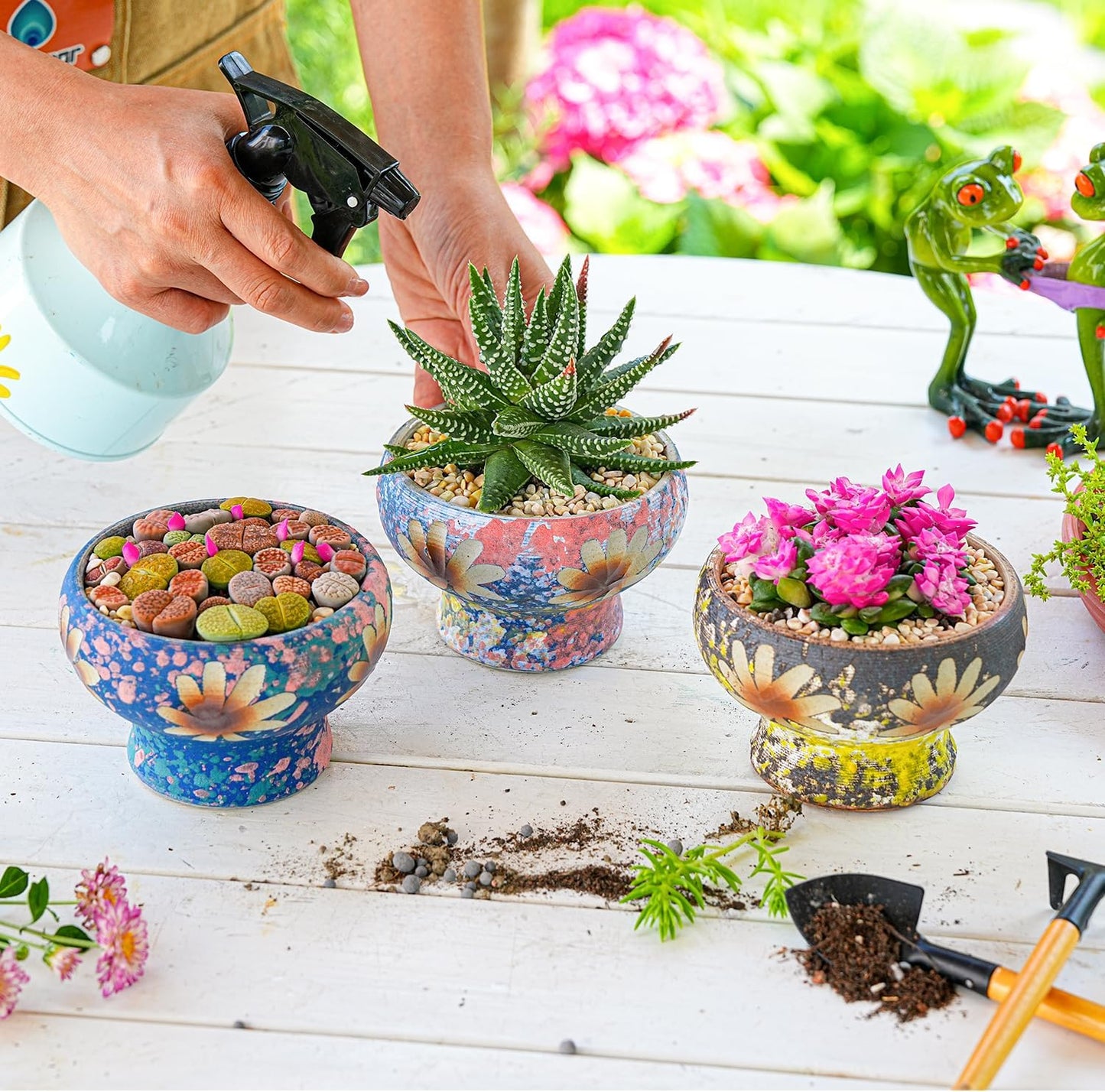 Sungmor Small Succulent Planters Set of 3, Beautiful Hand Crafted Ceramic Plant Pots Cute Cactus Pot, 4.9 Inch Flower Pots for Indoor Plants with Drainage, Desktop Windowsill Home Office Decor Pots