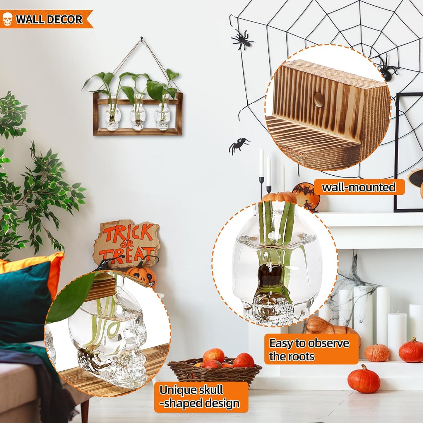 Plant Terrarium Propagation Stations Hydroponics Halloween Skull Planter Vase Skulls Decor with Wooden Stand Gife for Father