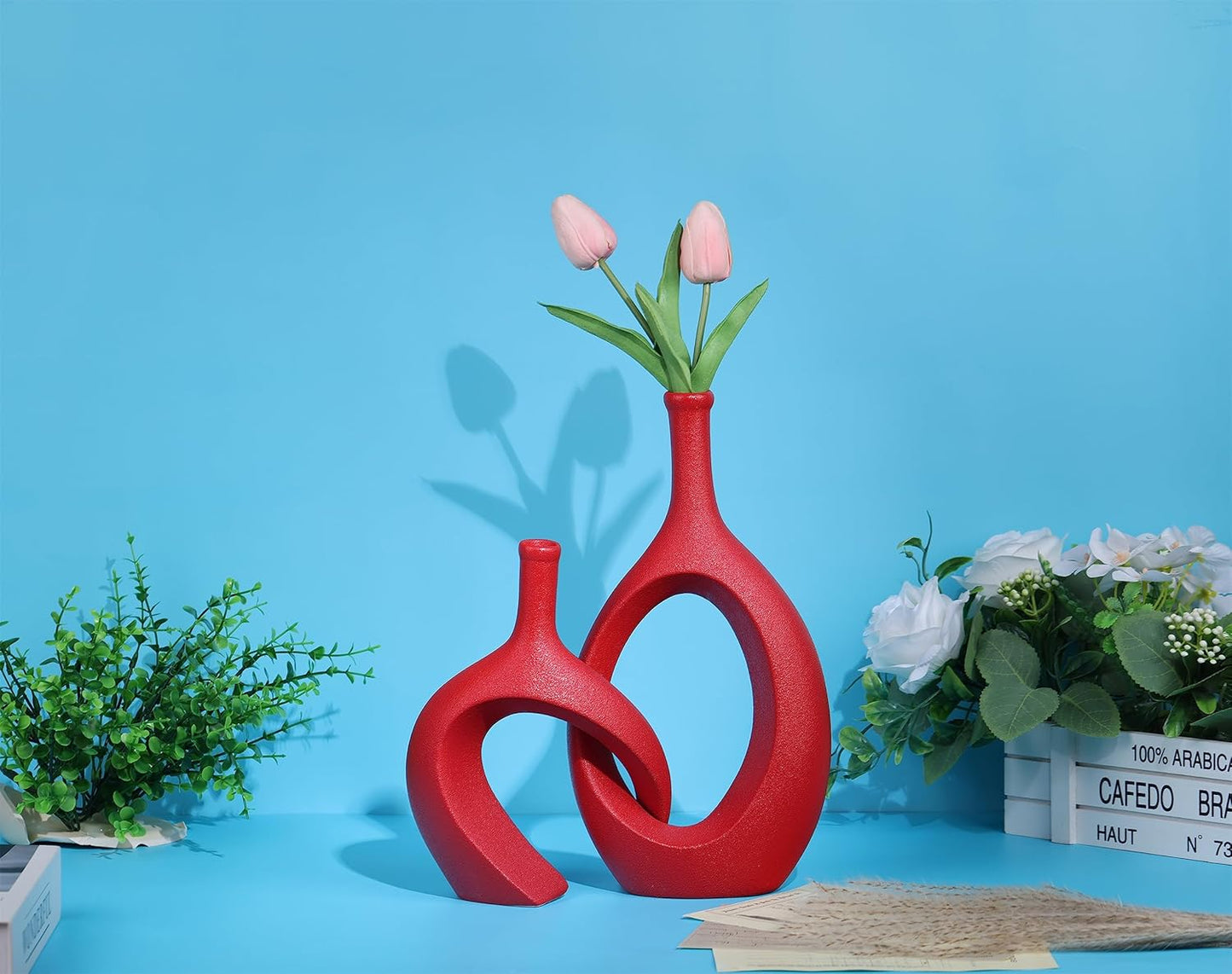 WUBIANJIE Red Ceramic Vase Set - Modern Boho Decor, Snuggle Design, Vases for Living Room, Bedroom, Coffee Table, Fireplace