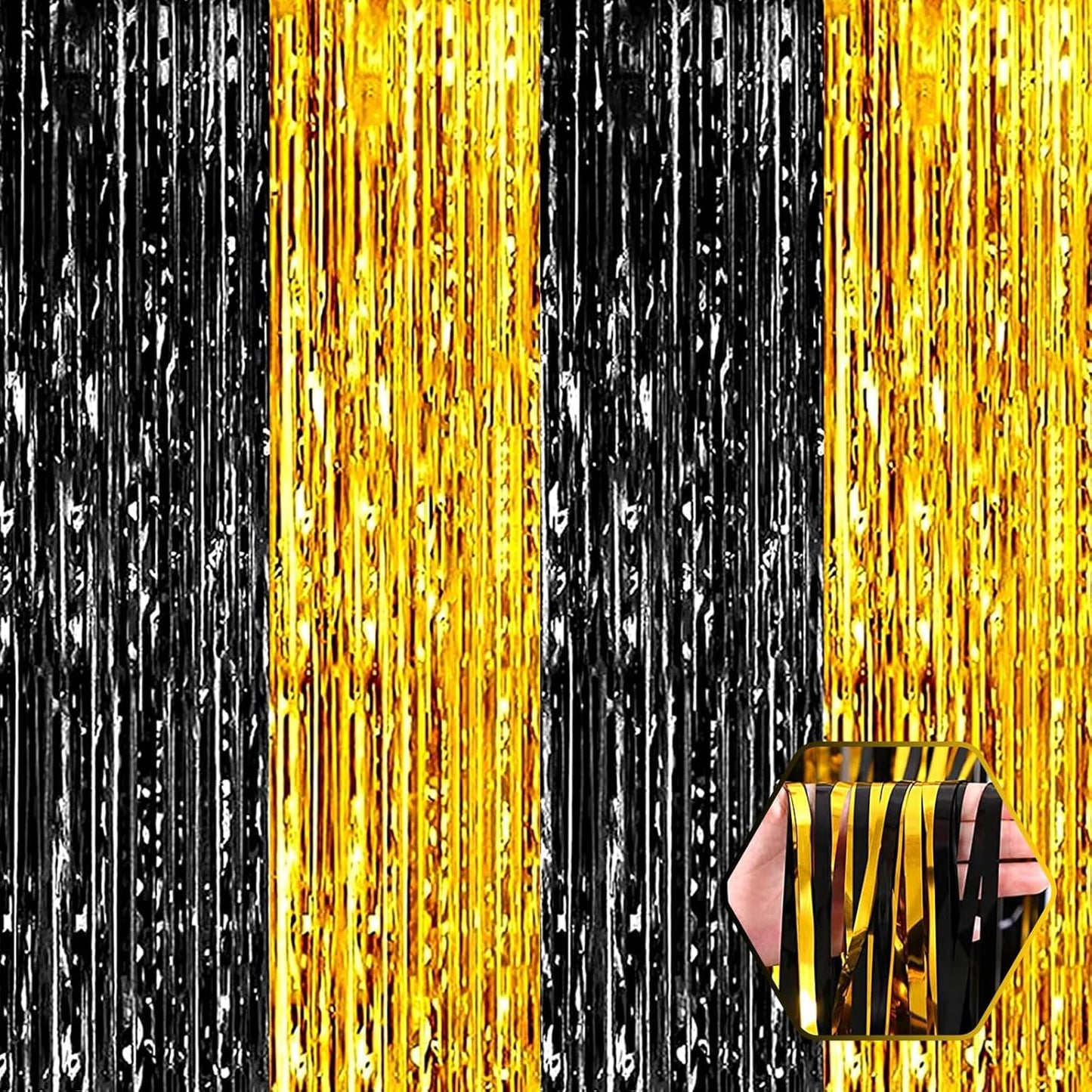 3 Pack Black Gold Foil Fringe Curtain Backdrop, 3.28Ft x 8.2Ft Metallic Tinsel Foil Fringe Streamer Curtains for Photo Booth, Christmas Day, Thanksgiving, Wedding, New Year Party Decorations