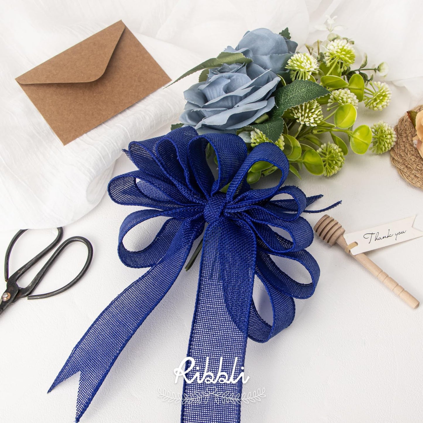 Ribbli Royal Blue Burlap Wired Ribbon,1-1/2 Inch x 10 Yard,Dark Blue Wired Edge Ribbon for Big Bow,Wreath,Tree Decoration,Outdoor Decoration
