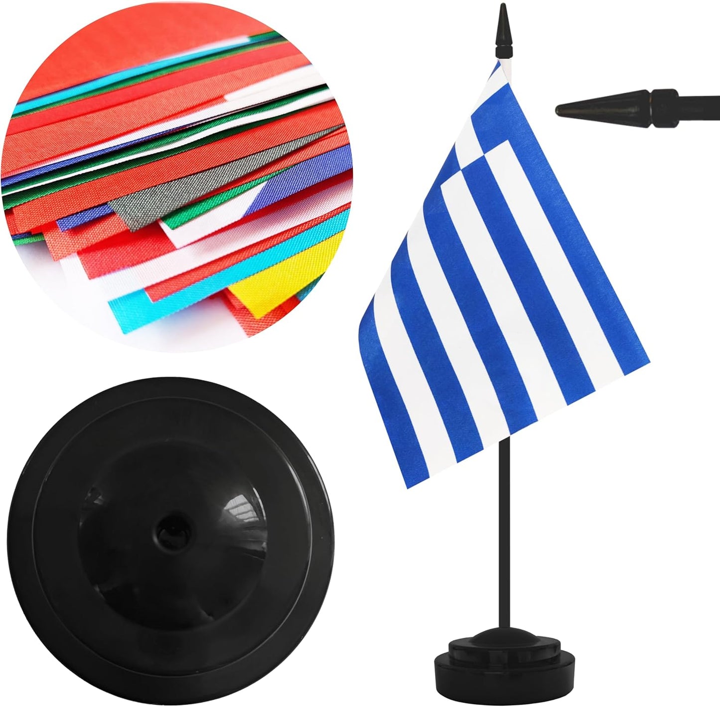 2 Pack Greece Desk Flag Set, Greek Desktop Small Miniature Table Office Flag with 12" Black Pole and Black Base, Offices, Classroom, Home, Festival Decoration (Greece)