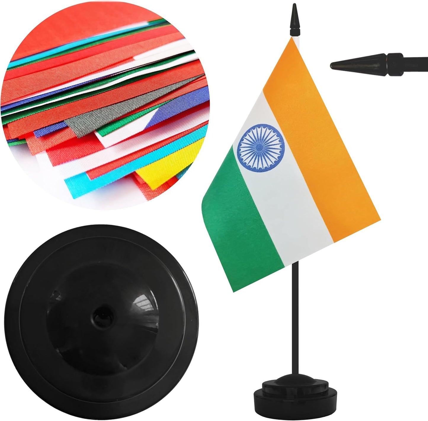 2 Pack India Desk Flag Set, Indian Desktop Small Miniature Table Office Flag with 12" Black Pole and Black Base, Offices, Classroom, Home, Festival Decoration (India)