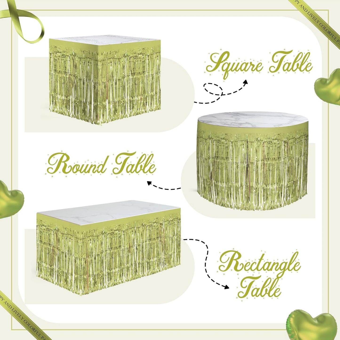 2 Pack Lime Green Table Skirts, 29x108" Metallic Foil Tinsel Fringe Table Skirt for Rectangle Tables Streamer Curtains Backdrop, Party Decorations for Birthdays, Weddings, Holidays