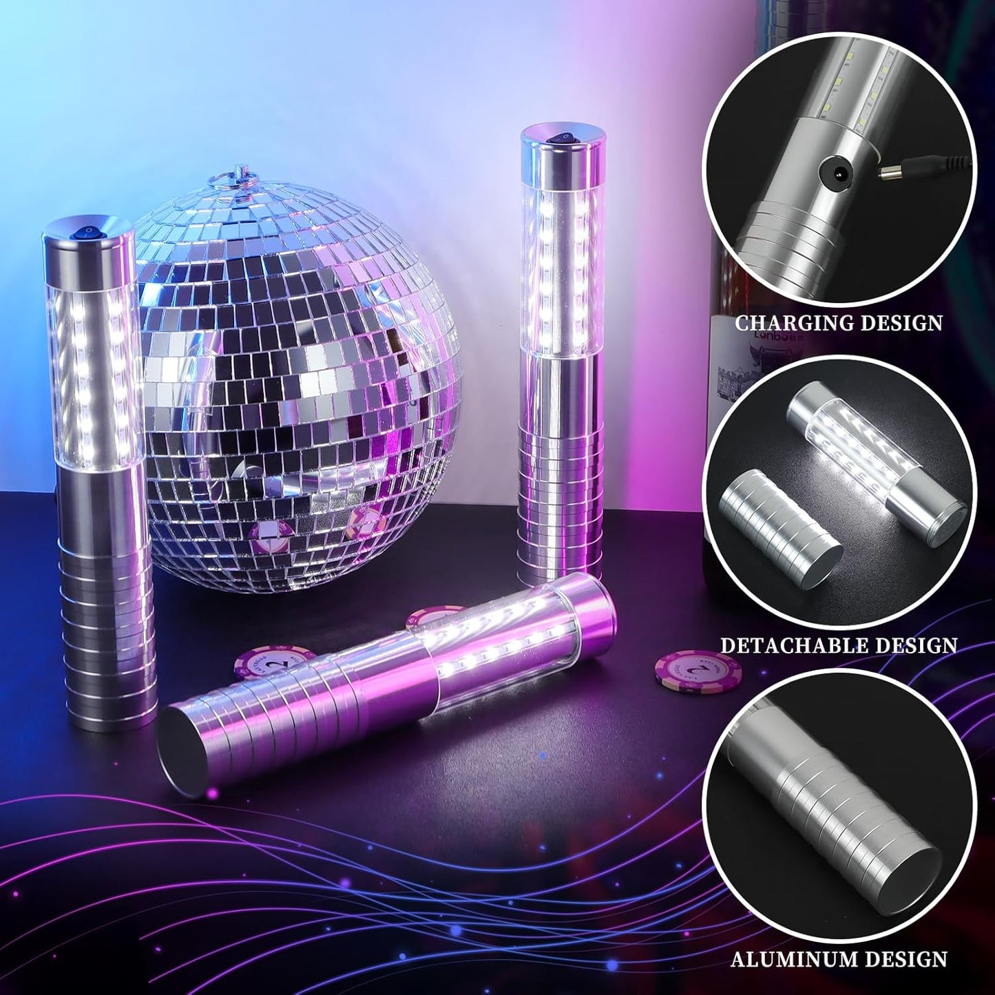 6 Pieces LED Strobe Baton Light Rechargeable Bottle Service Sparklers Stick Reusable Champagne Bottle Handheld LED for Club Stage Nightclub Party Concert Event Bar Outdoor - Silver
