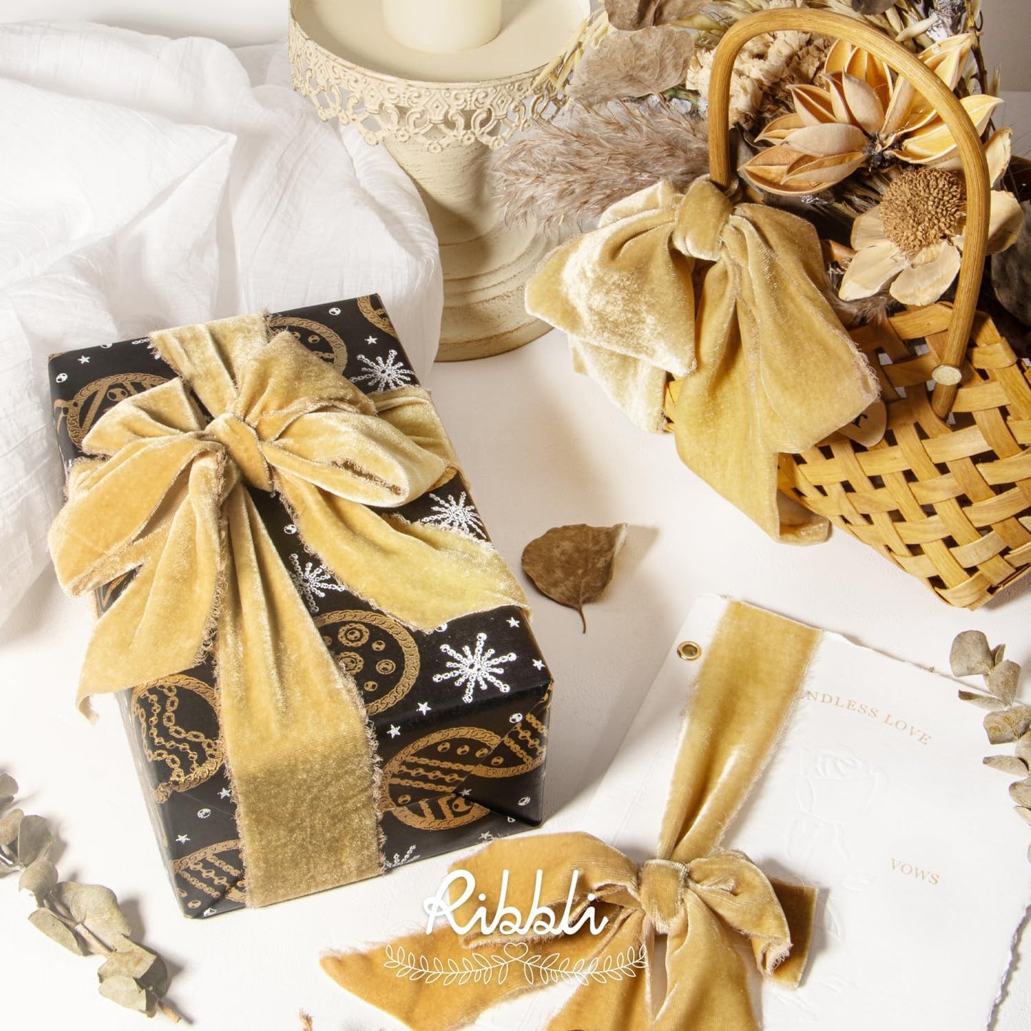 Ribbli Champagne Gold Velvet Ribbon 1.5 Inch Handmade Frayed Vintage Christmas Ribbon for Gift Wrapping Christmas Tree Ornament Wreath Craft Home Decor -Total 3 Yards with Wooden Spool