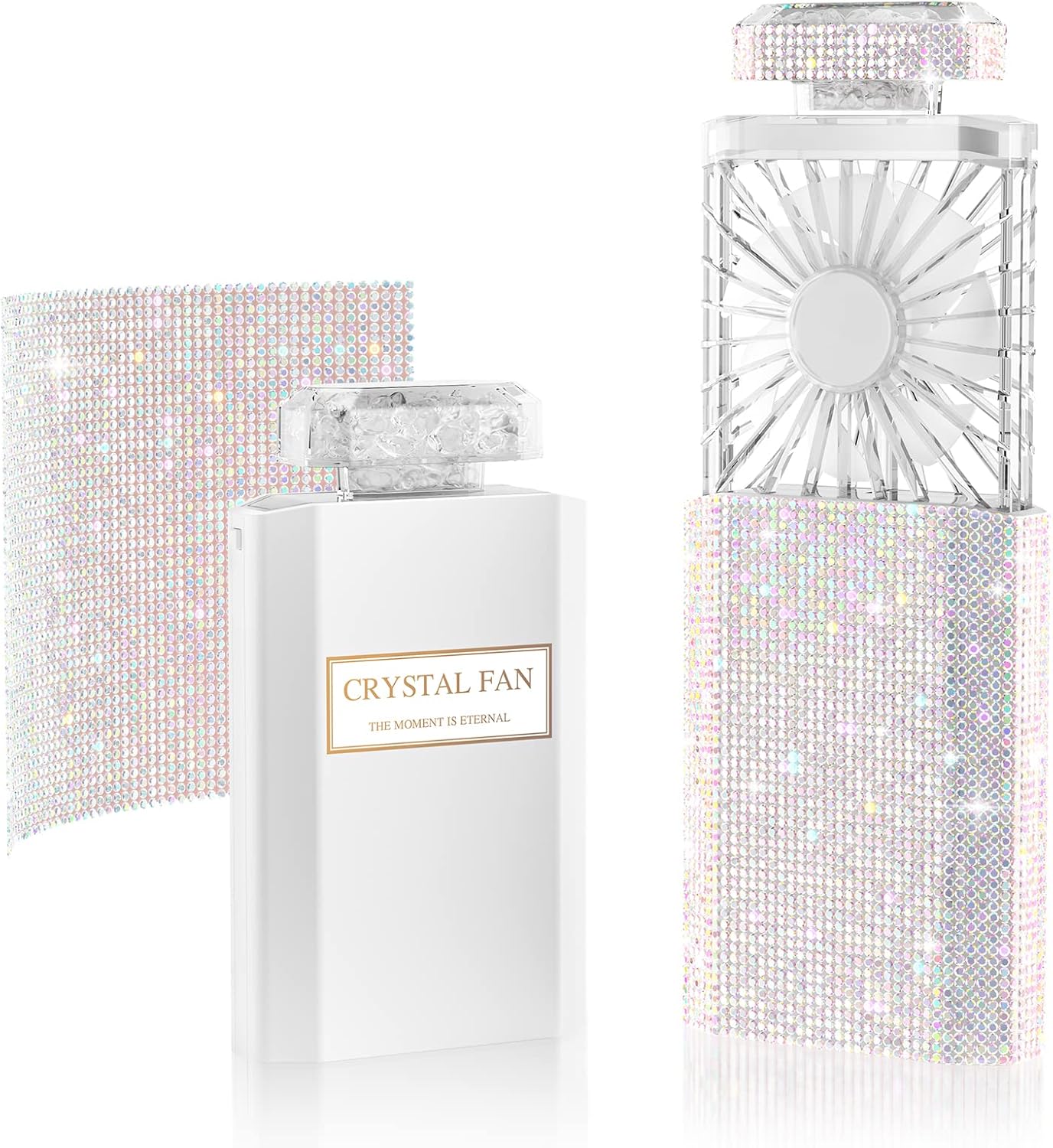 Lady Rechargeable Personal Fan with 3 Speeds, Quiet Portable Mini Cooling Desk Electric Fan - White Rhinestones