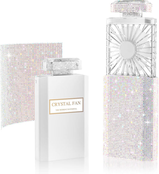 Lady Rechargeable Personal Fan with 3 Speeds, Quiet Portable Mini Cooling Desk Electric Fan - White Rhinestones